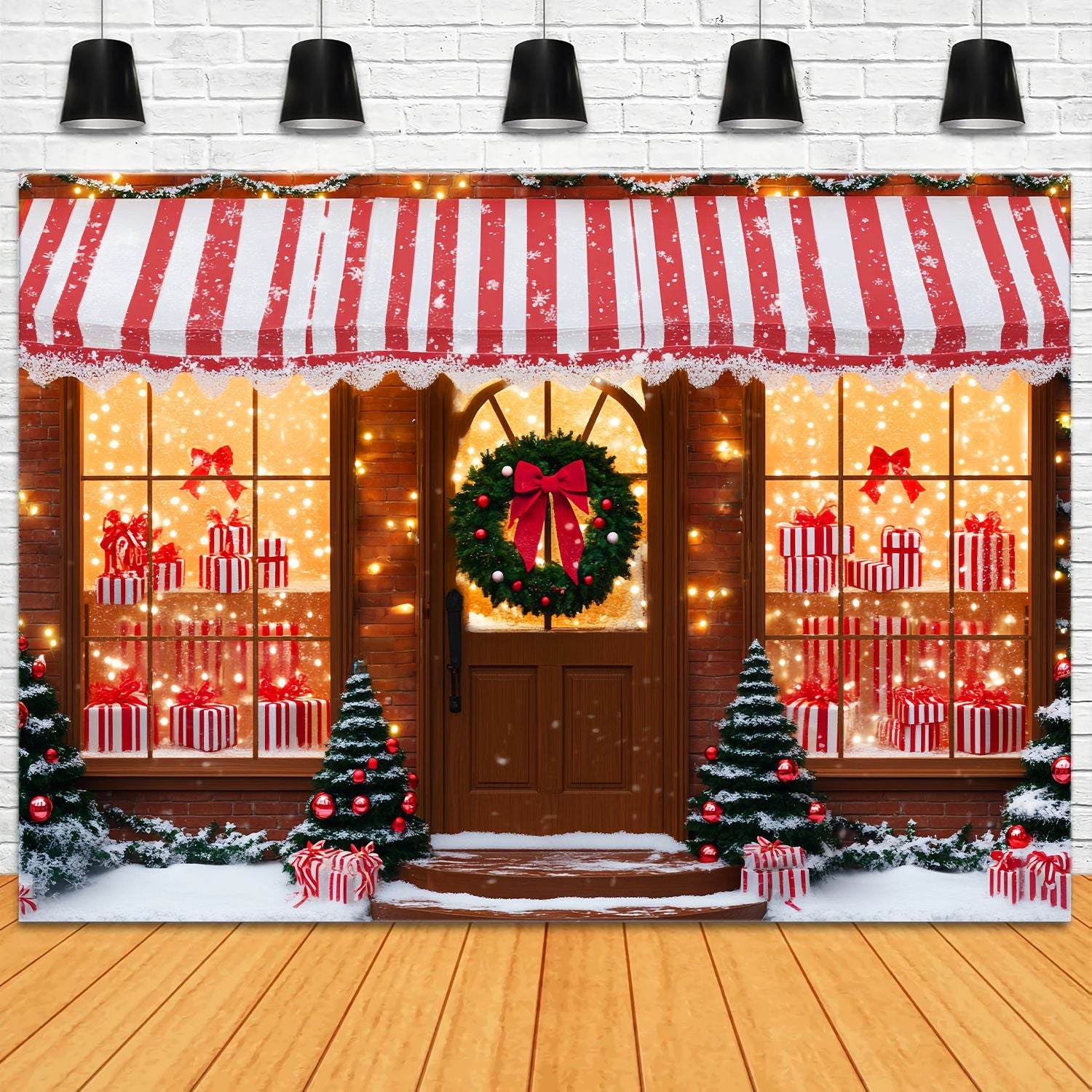Professional Christmas Backdrops Striped Candy Gift Shop Christmas Backdrop UK LXX58-61