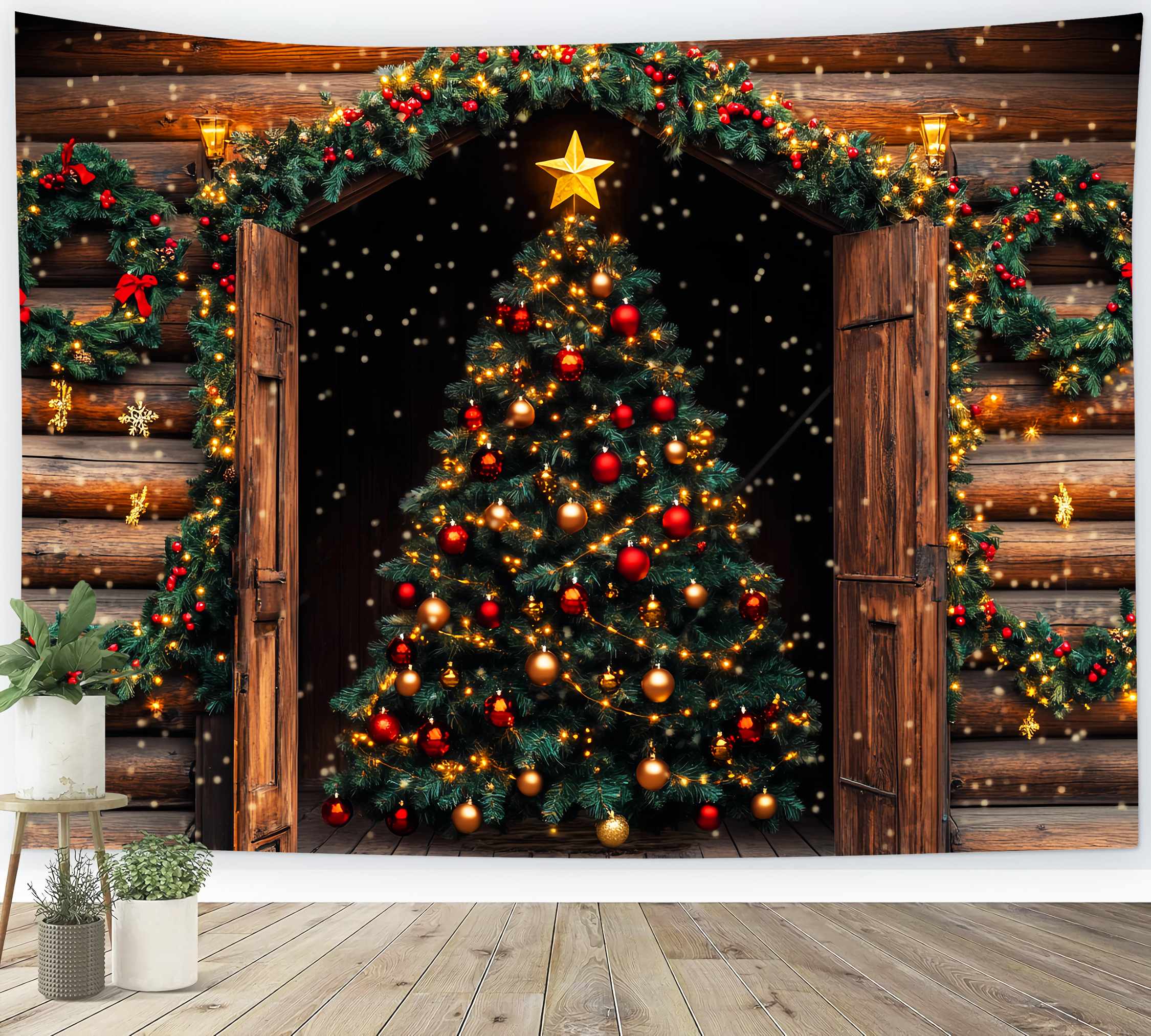 Christmas Tree Backdrop Rustic Cabin Christmas Tree Glow Christmas Photo Backdrop UK LXX58-63