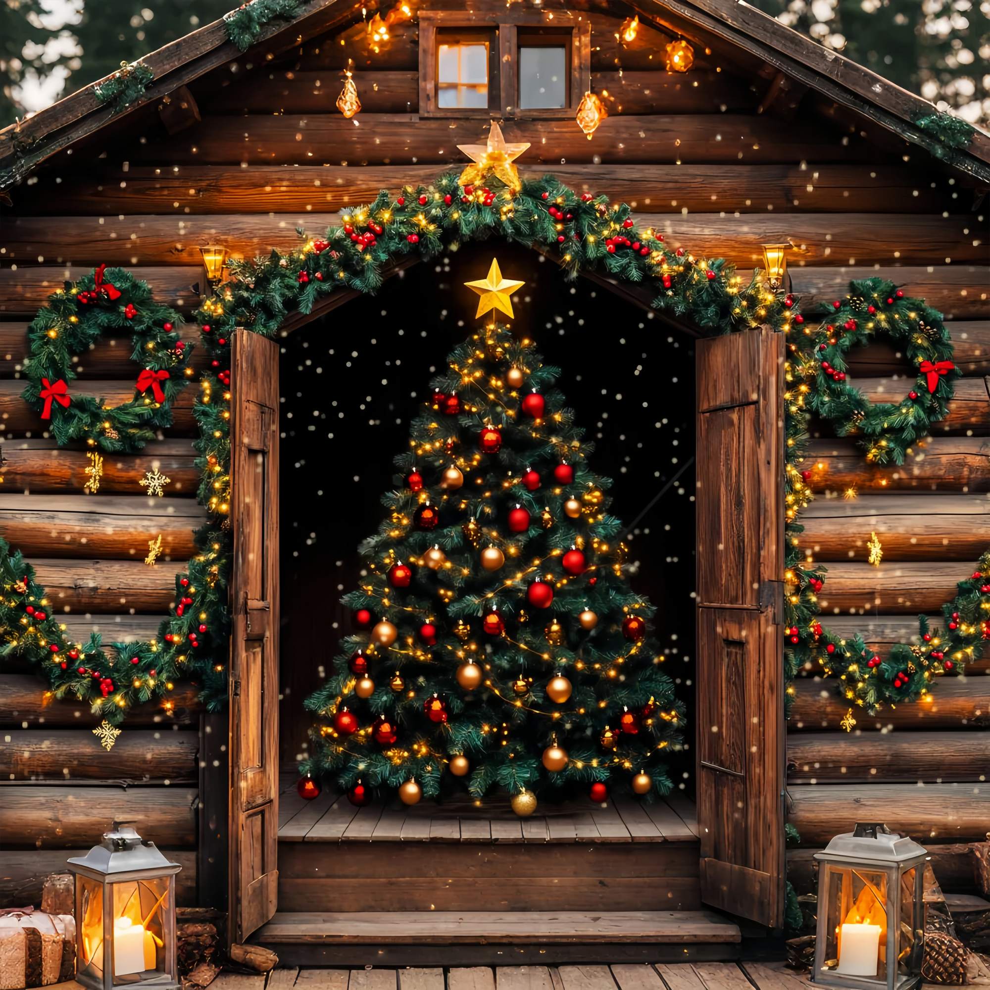 Christmas Tree Backdrop Rustic Cabin Christmas Tree Glow Christmas Photo Backdrop UK LXX58-63