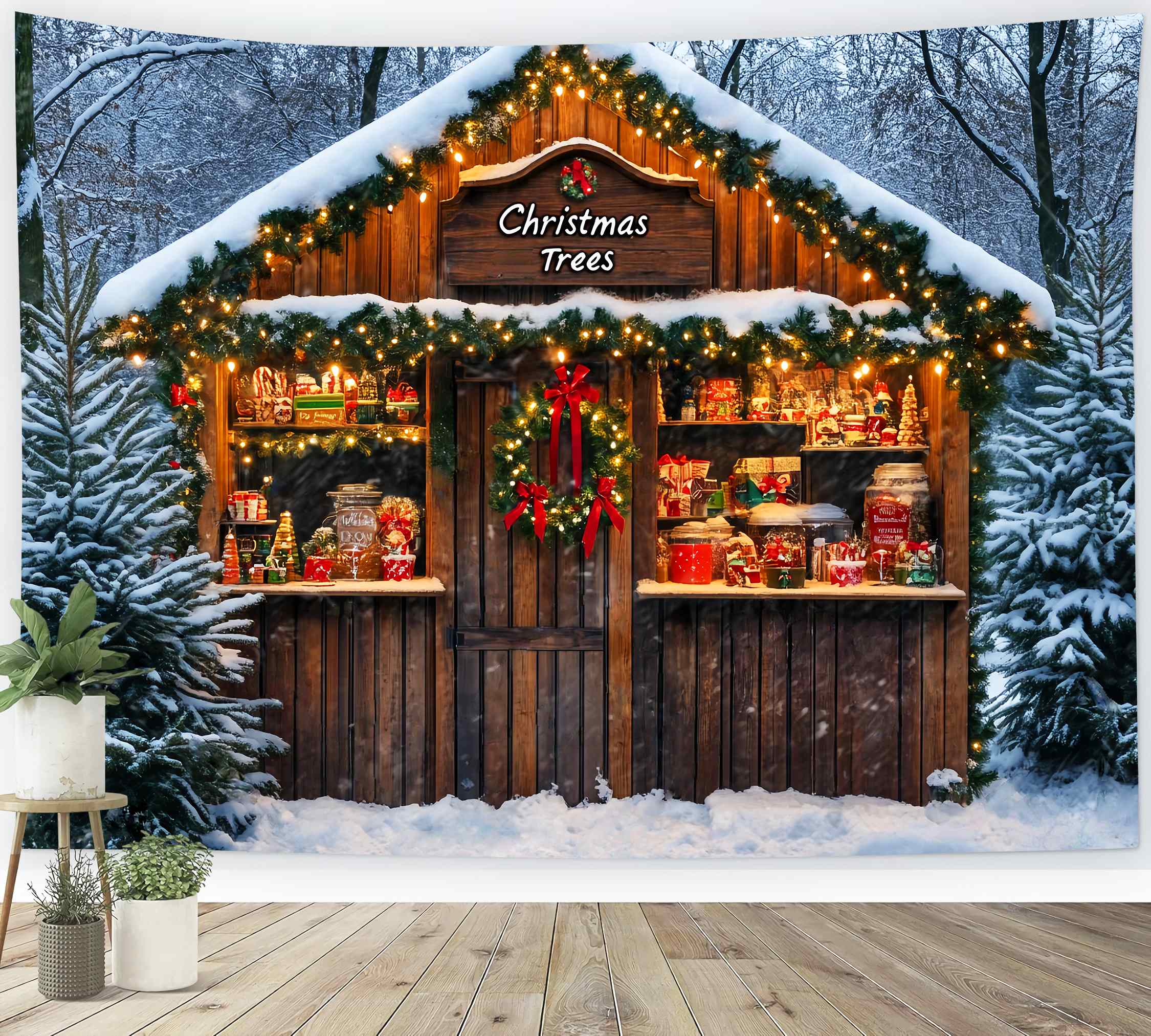 Christmas Tree Farm Backdrop Snowy Forest Candy Cabin Stand Christmas Backdrops 10x10 UK LXX58-65