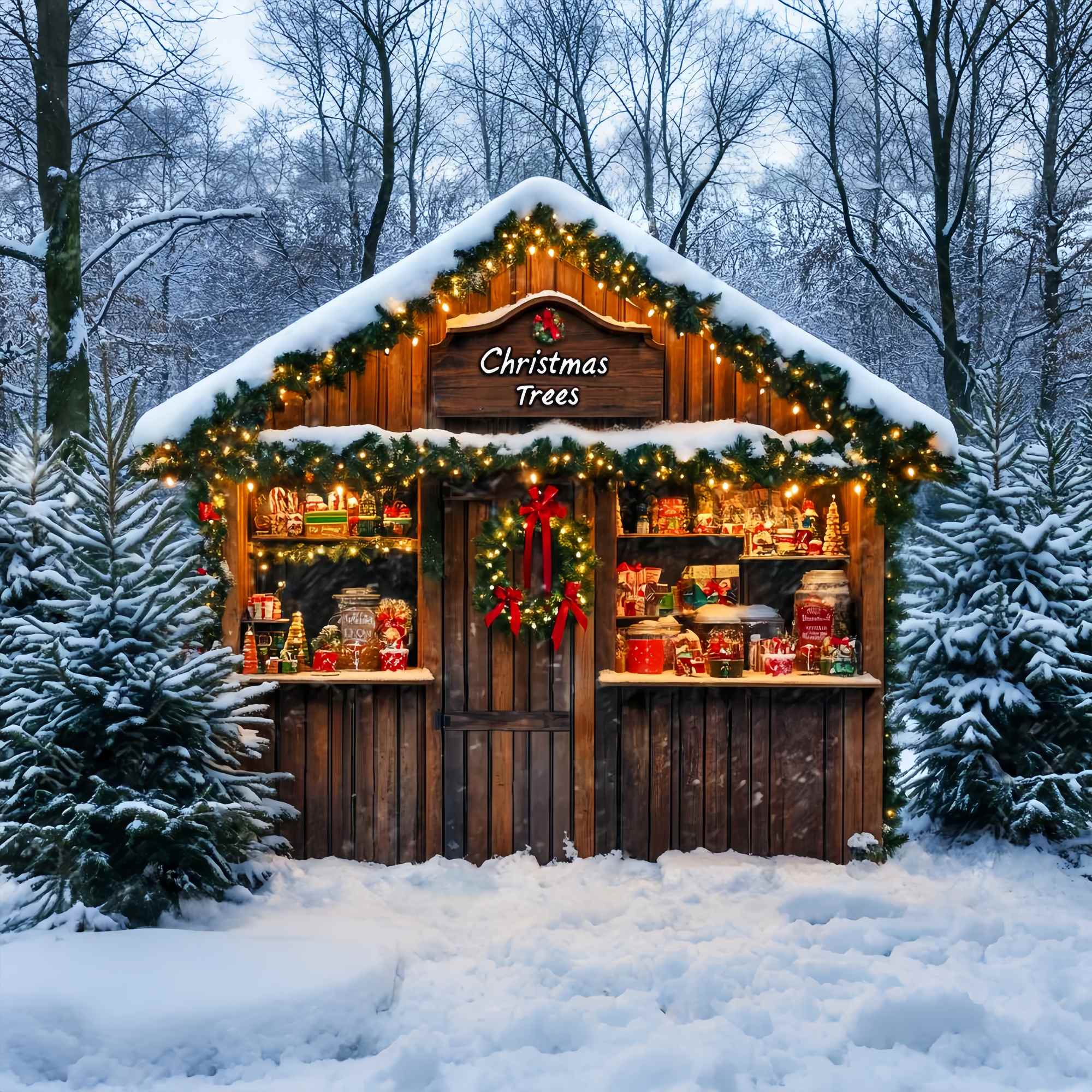Christmas Tree Farm Backdrop Snowy Forest Candy Cabin Stand Christmas Backdrops 10x10 UK LXX58-65