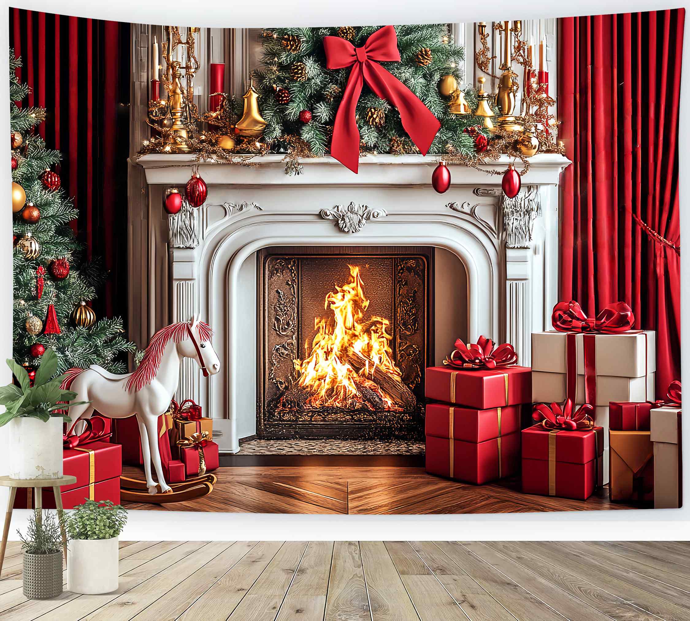 Christmas Fireplace Backdrop Classic Red Gold Fireplace Cheer Backdrop Christmas UK LXX58-69