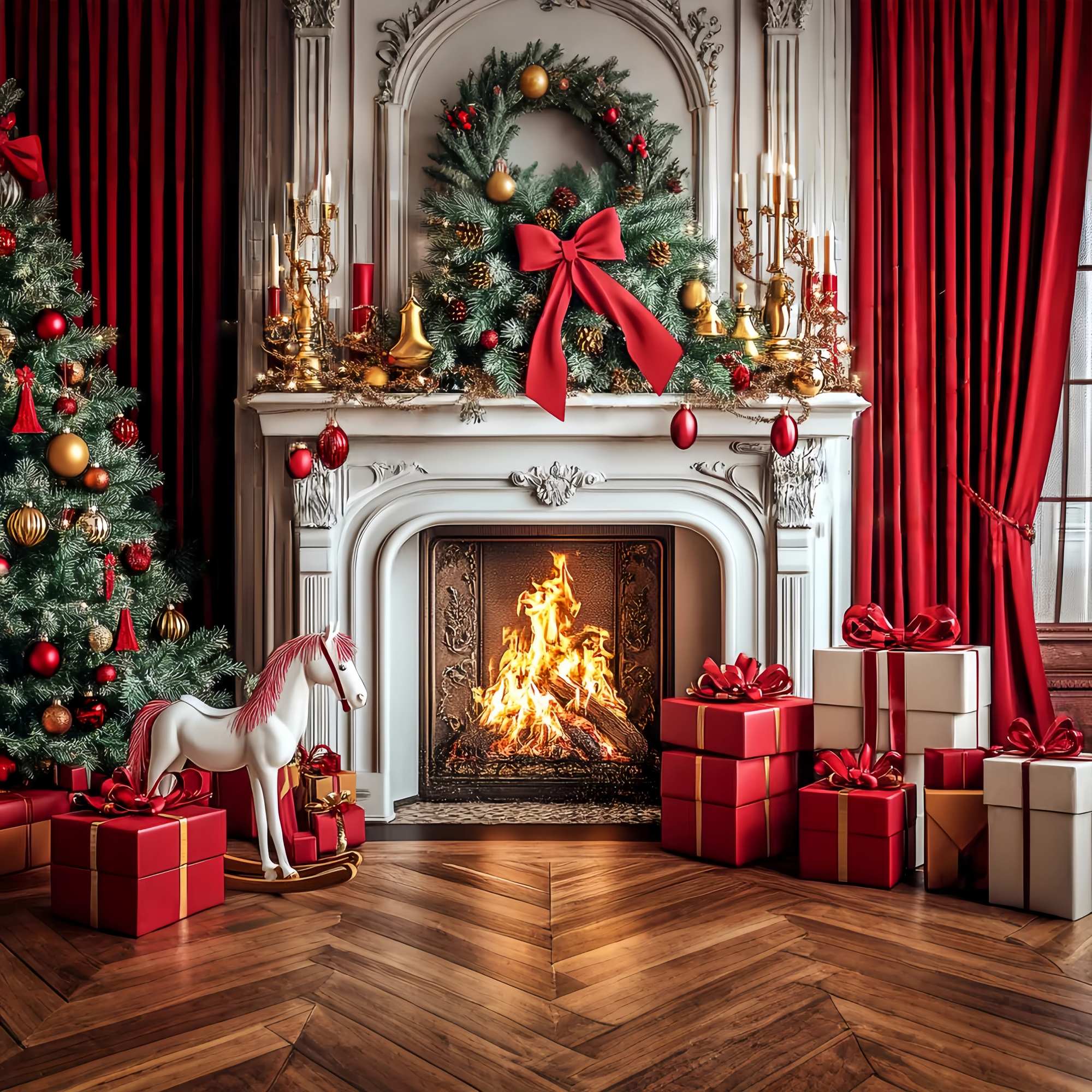 Christmas Fireplace Backdrop Classic Red Gold Fireplace Cheer Backdrop Christmas UK LXX58-69