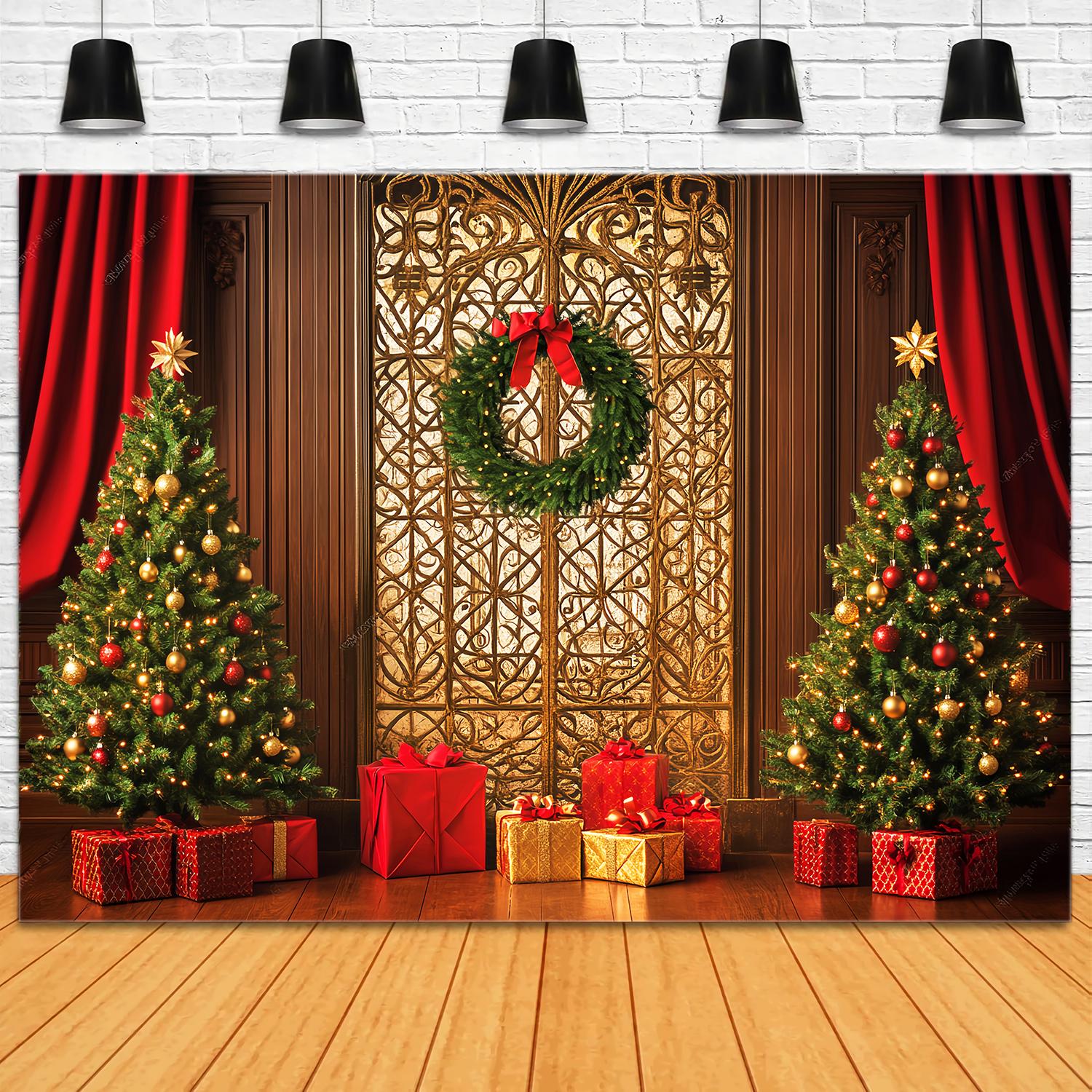 High Resolution Christmas Backdrop Golden Gate Wreath Gift Tree Christmas Backdrop UK LXX58-99