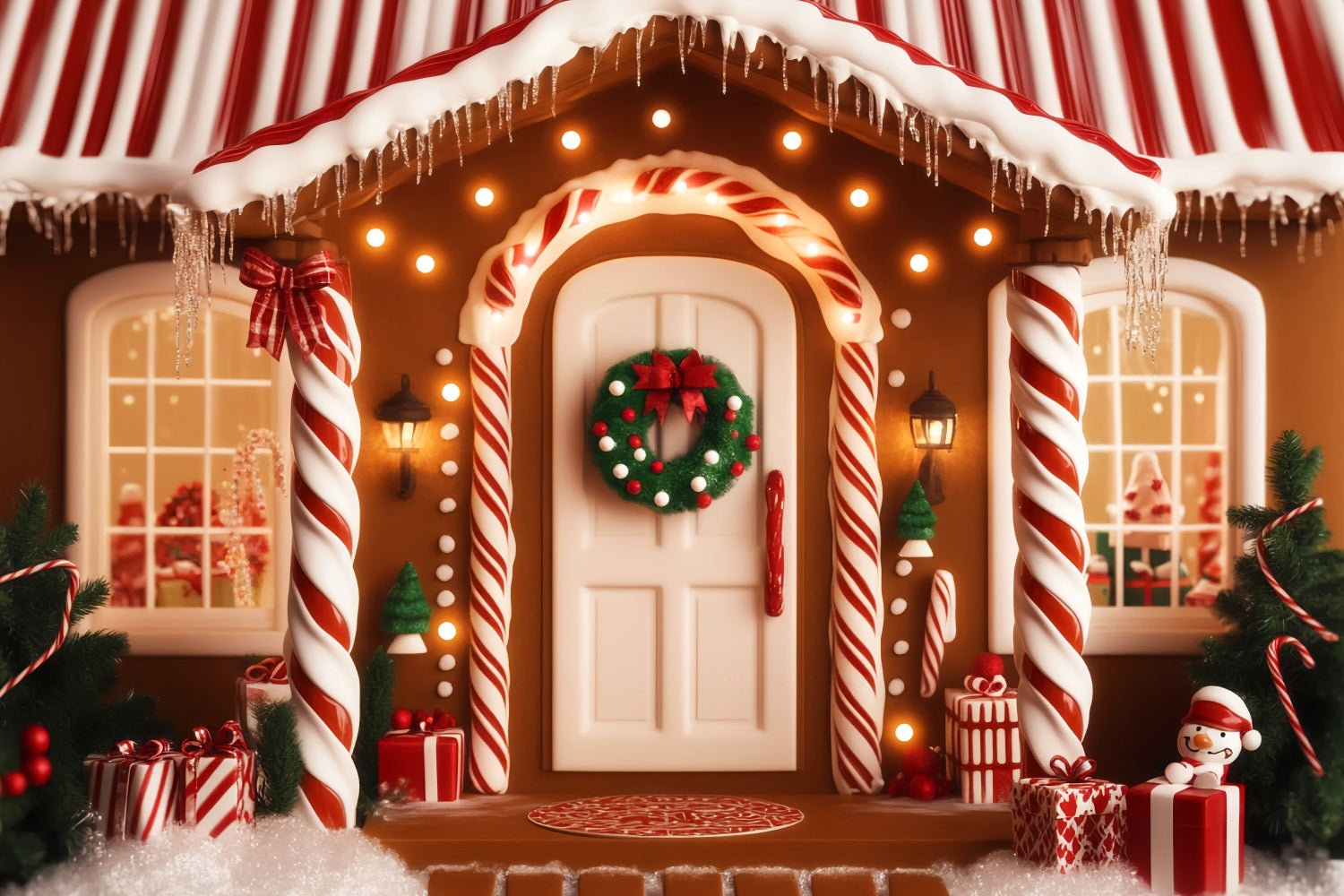 Gingerbread House Backdrop Candy Cane Gingerbread Porch Christmas Backdrops UK LXX59-197
