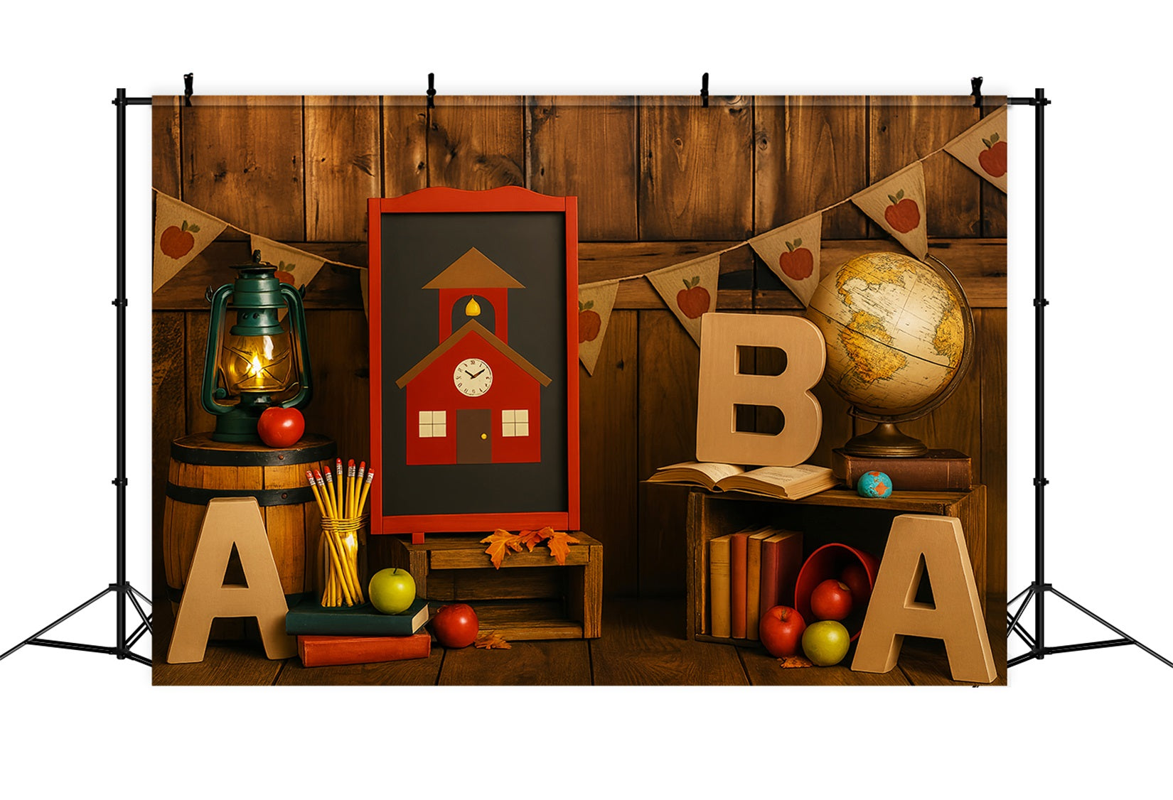 Back To School Backdrop Rustic Classroom Globe Apples School Picture Backdrop UK LXX59-207
