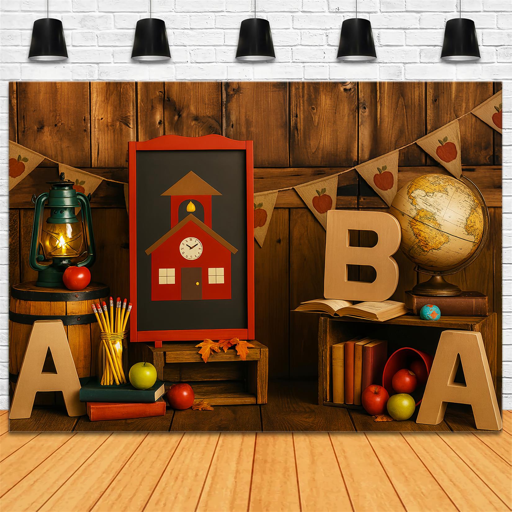 Back To School Backdrop Rustic Classroom Globe Apples School Picture Backdrop UK LXX59-207
