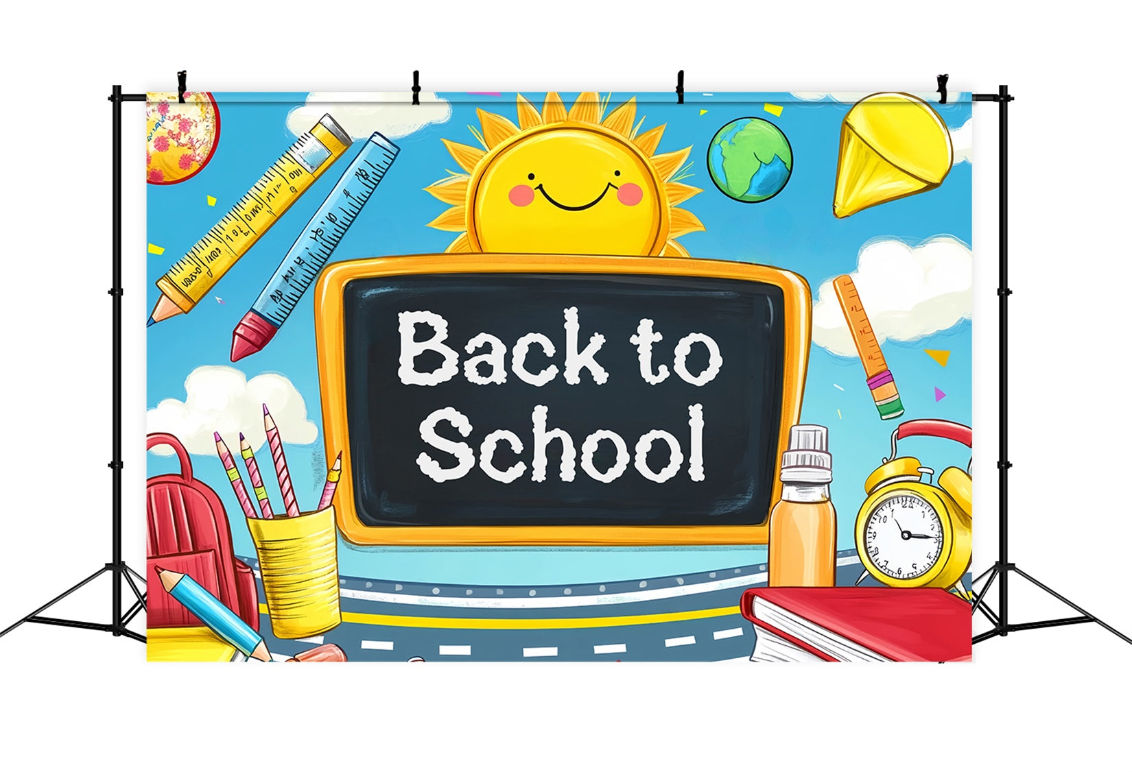 Back To School Backdrop Cartoon Blackboard Sun Supplies Preschool Photo Backdrops UK LXX59-208