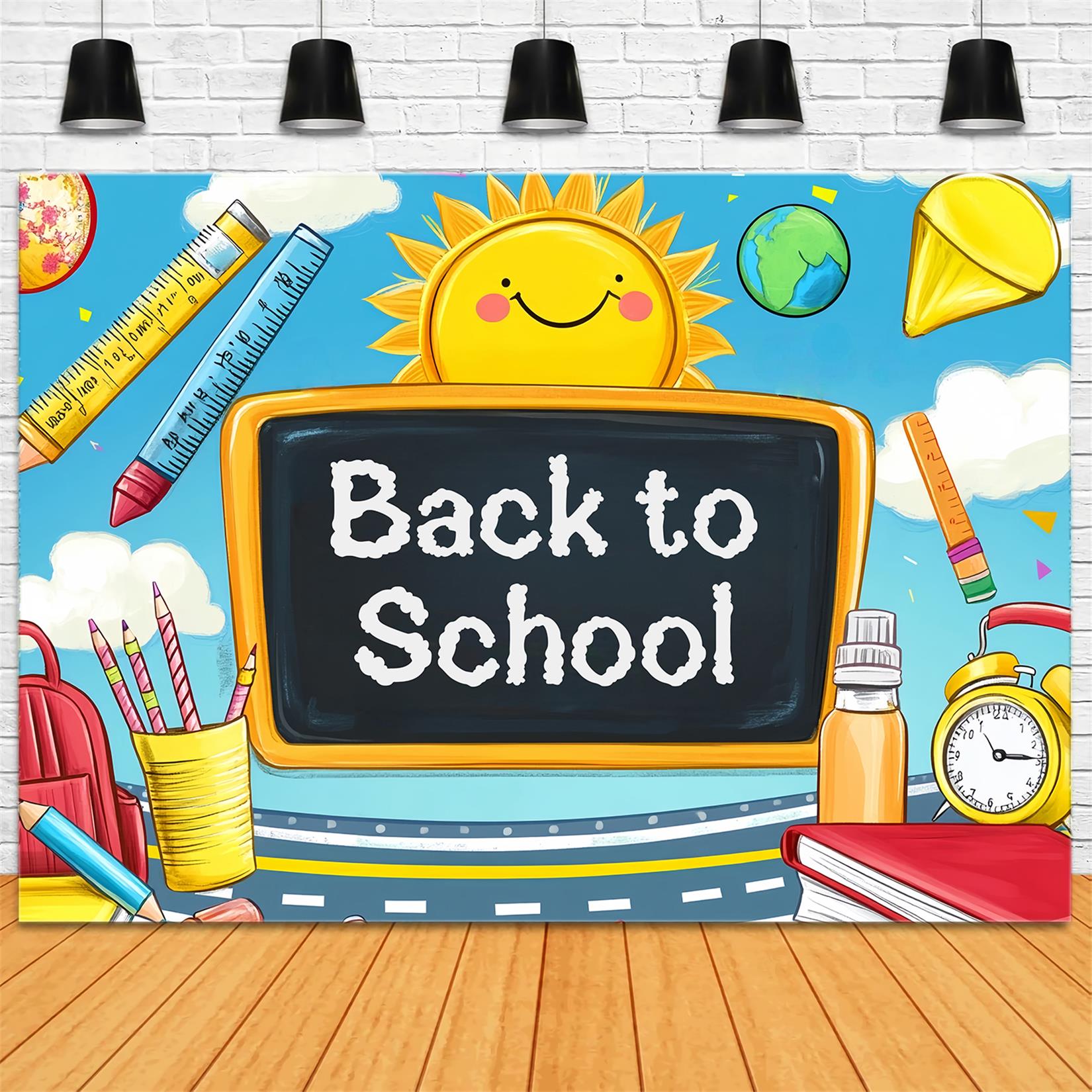 Back To School Backdrop Cartoon Blackboard Sun Supplies Preschool Photo Backdrops UK LXX59-208