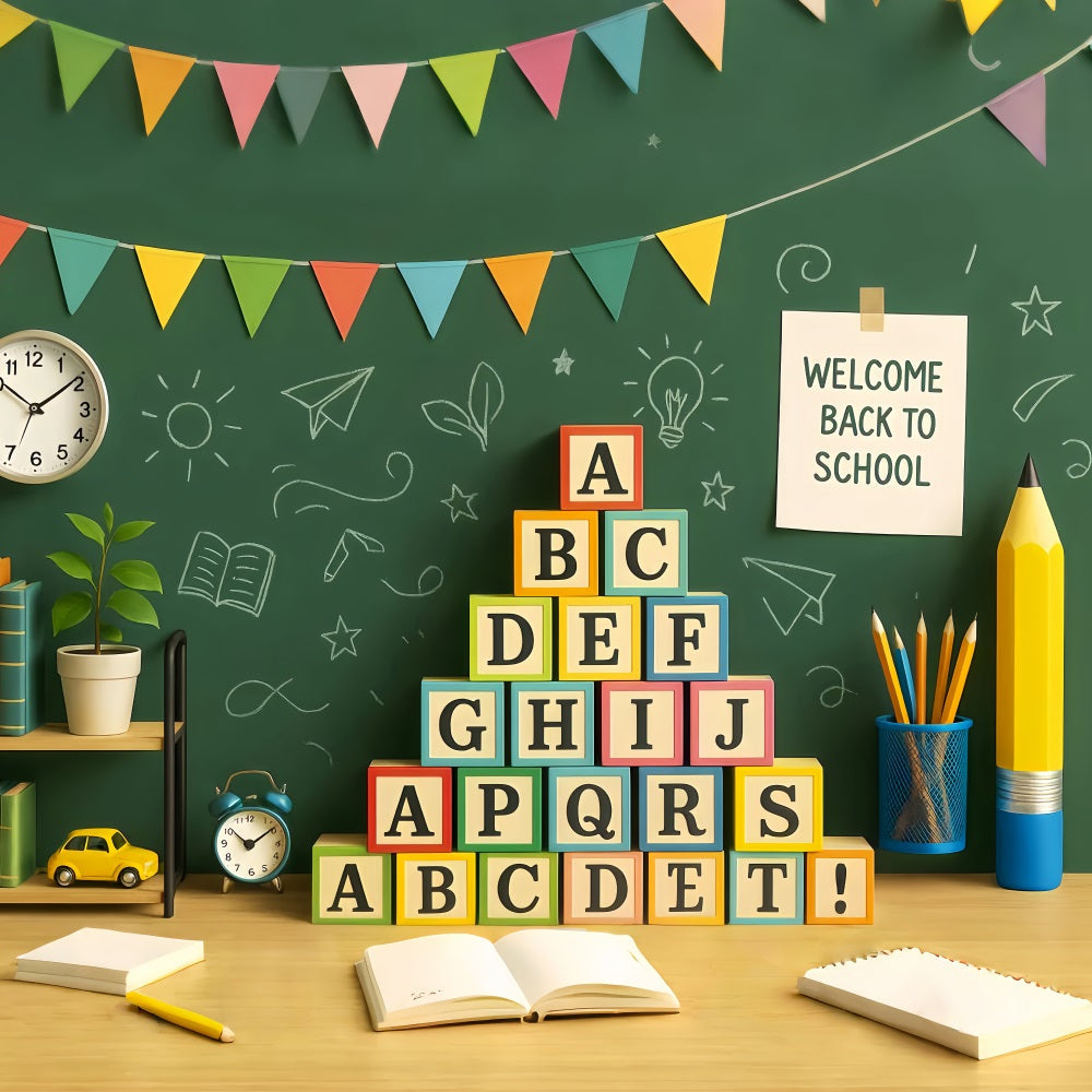 Back To School Backdrop Green Chalkboard Alphabet Blocks Preschool Backdrop UK LXX59-211