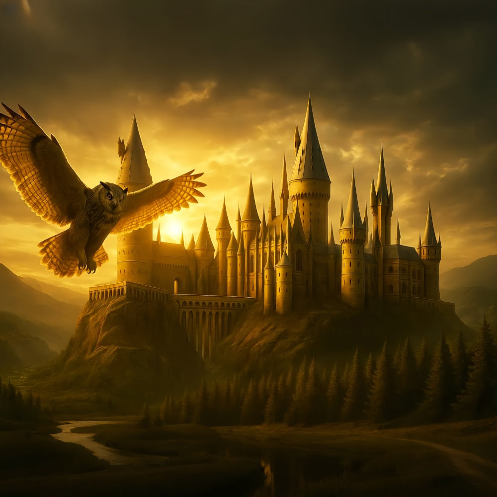 Back To School Backdrop Golden Castle Flying Owl School Picture Backdrop UK LXX59-213