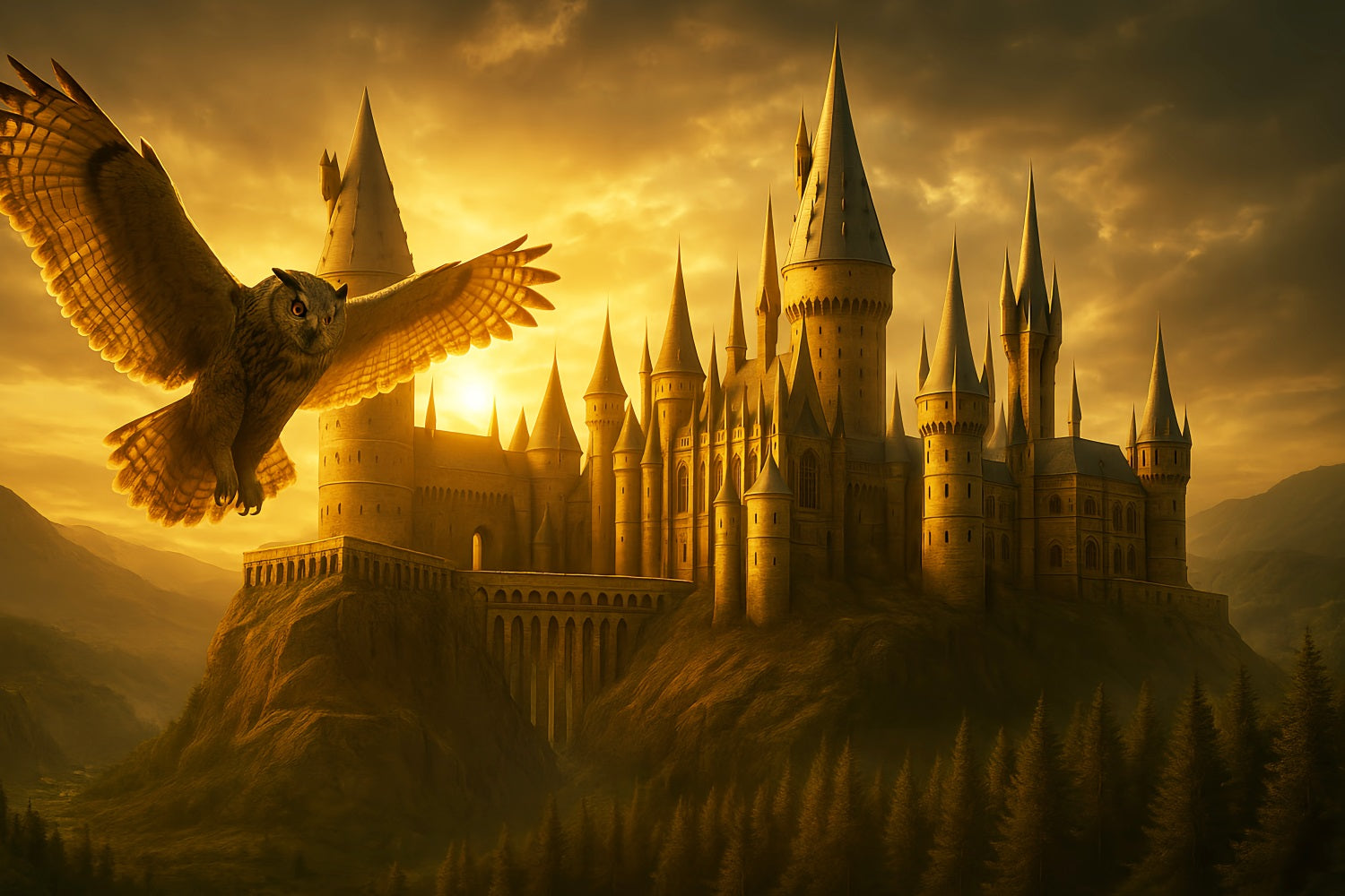 Back To School Backdrop Golden Castle Flying Owl School Picture Backdrop UK LXX59-213