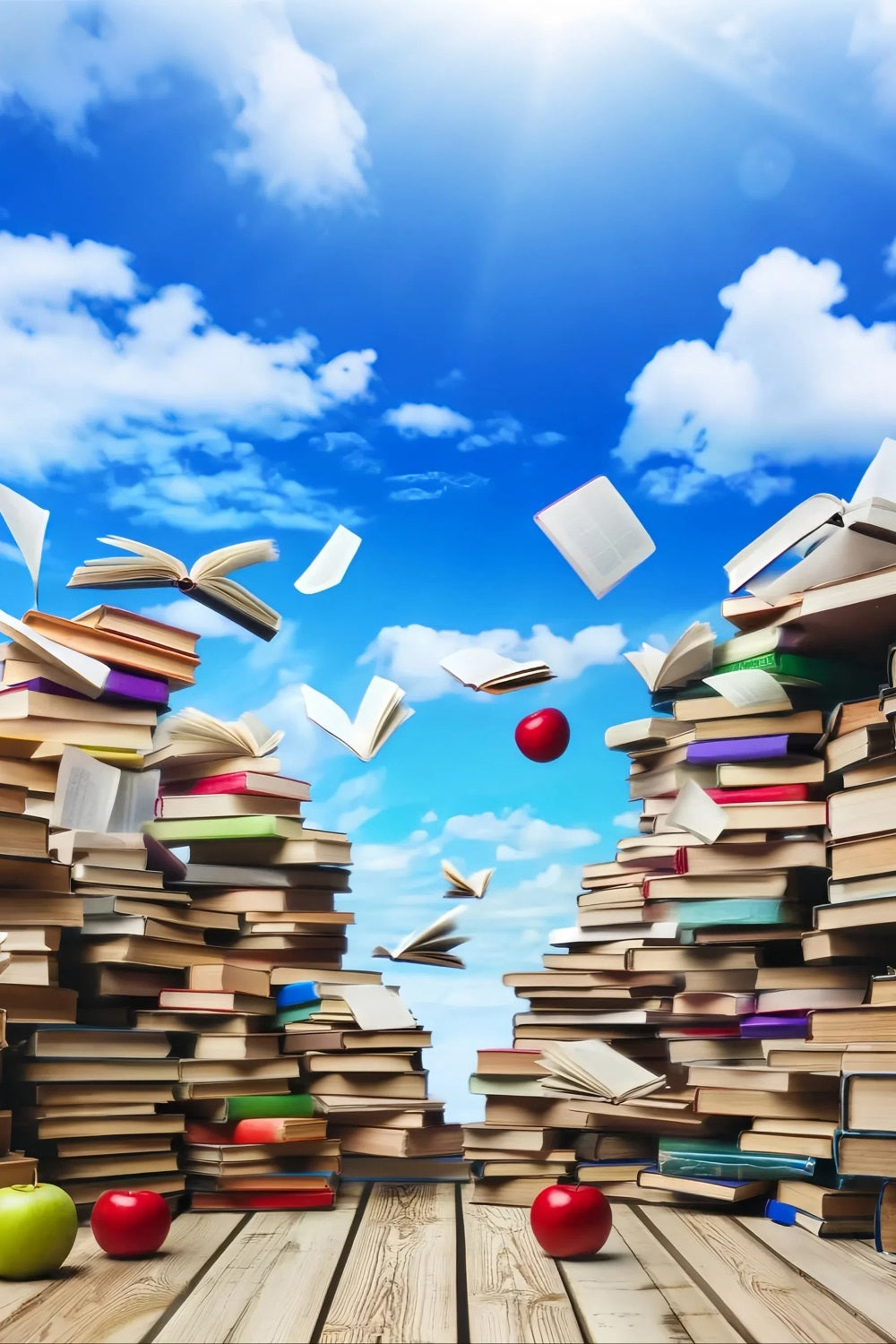 School Backdrop Sky Floating Books Apples Back To School Backdrop UK LXX59-215