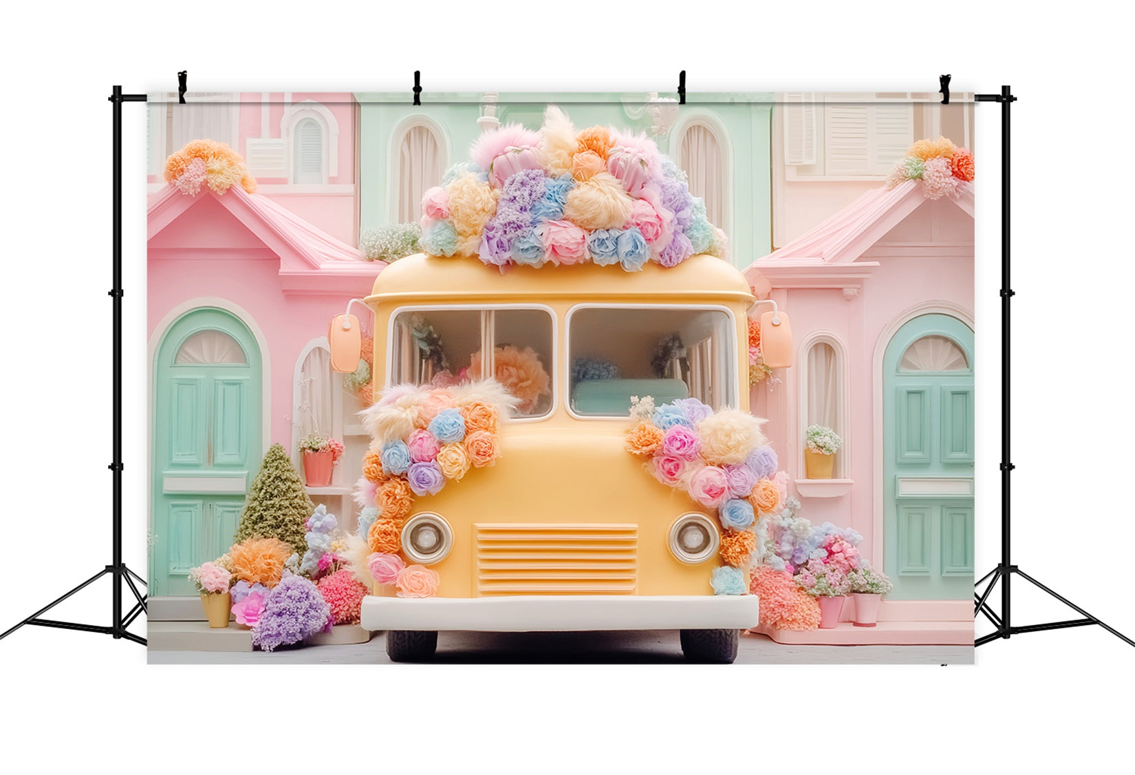 School Bus Backdrop Pastel School Bus Flowers Back To School Backdrops UK LXX59-220