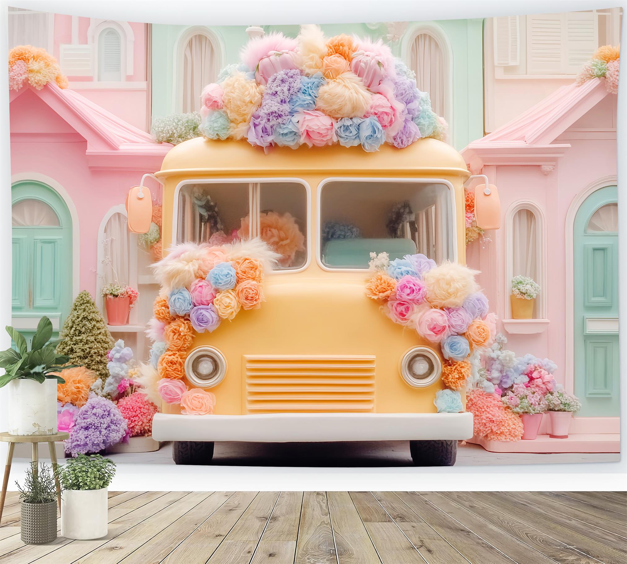 School Bus Backdrop Pastel School Bus Flowers Back To School Backdrops UK LXX59-220