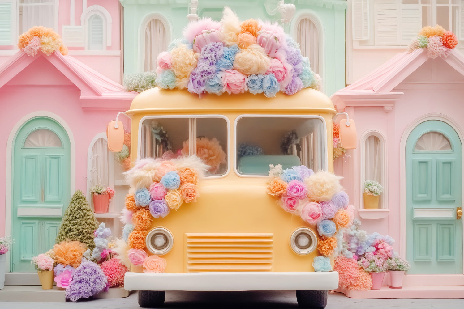 School Bus Backdrop Pastel School Bus Flowers Back To School Backdrops UK LXX59-220