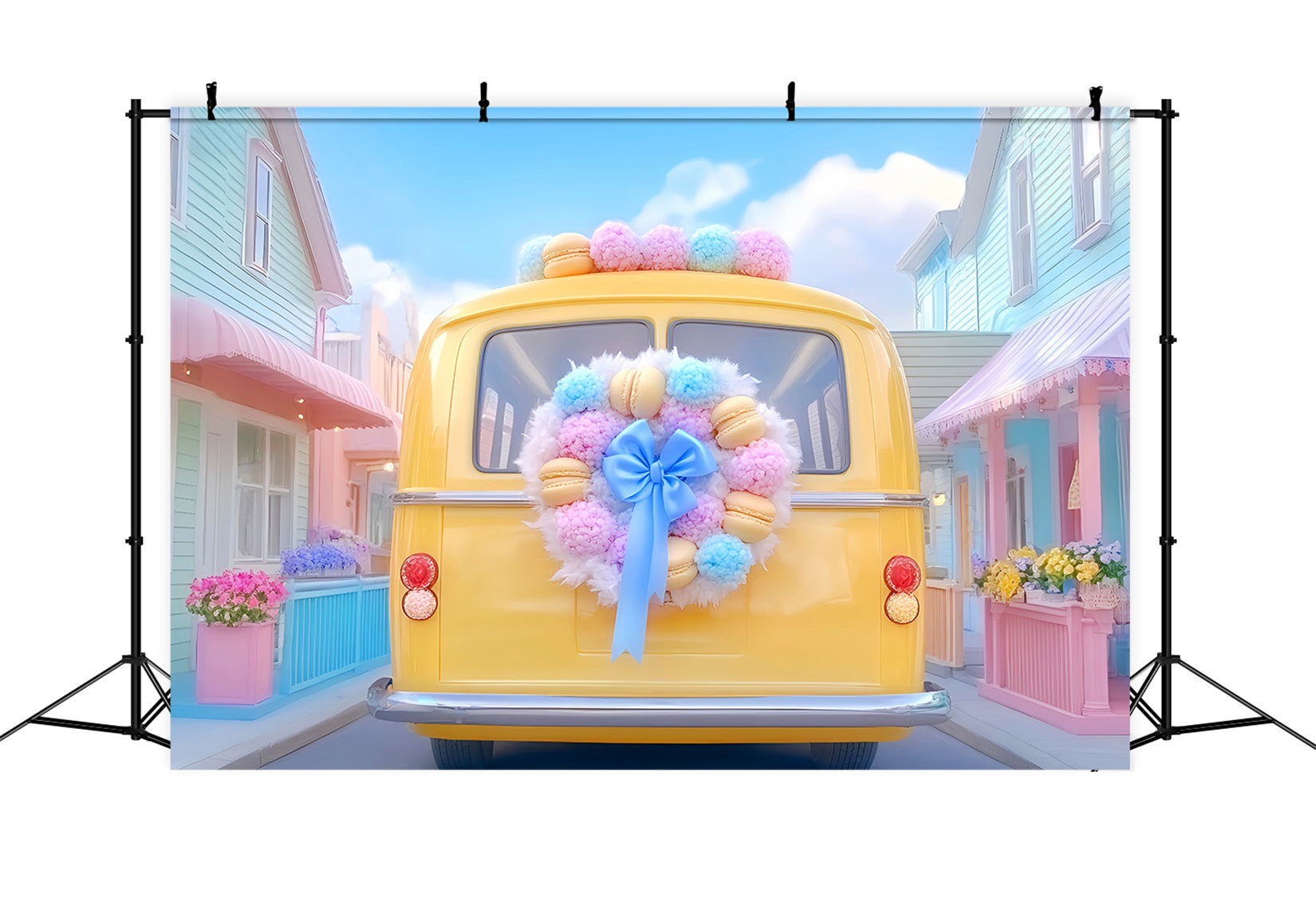 School Bus Backdrop Yellow Bus Pastel Wreath Back To School Backdrop Ideas UK LXX59-221