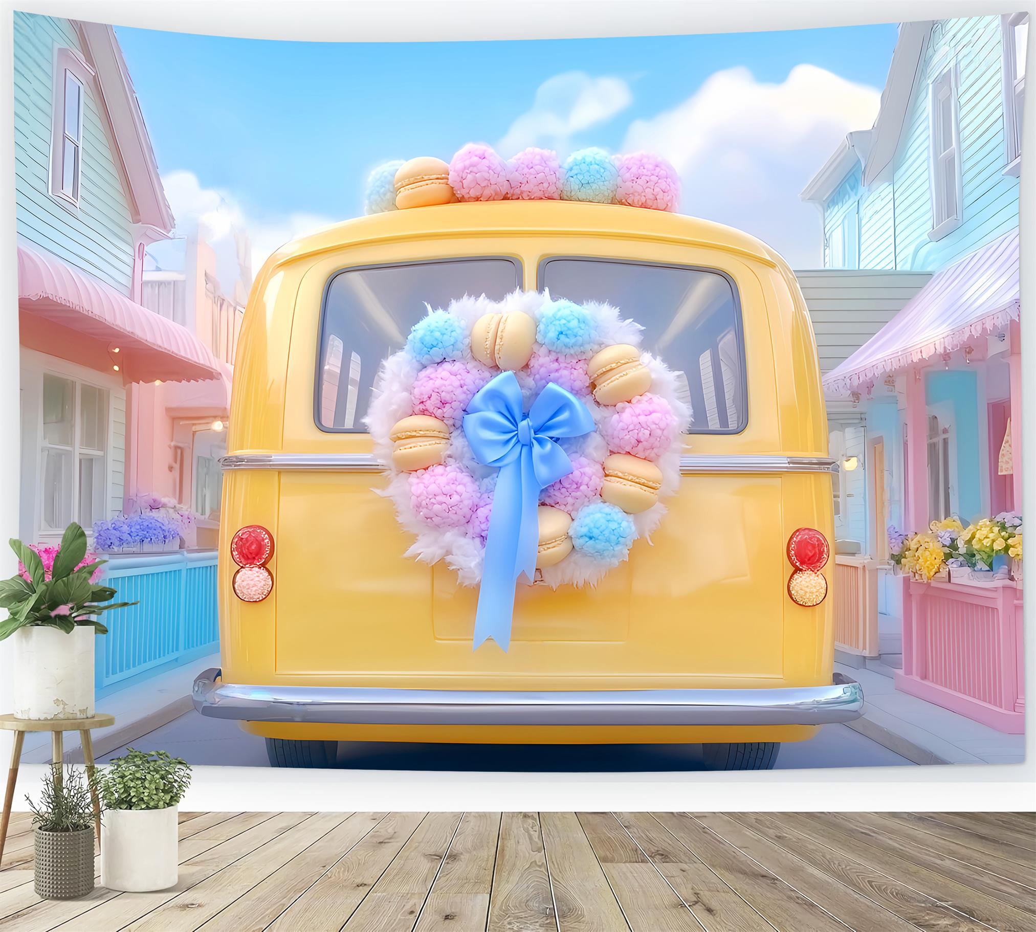 School Bus Backdrop Yellow Bus Pastel Wreath Back To School Backdrop Ideas UK LXX59-221