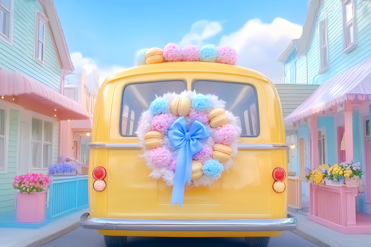 School Bus Backdrop Yellow Bus Pastel Wreath Back To School Backdrop Ideas UK LXX59-221