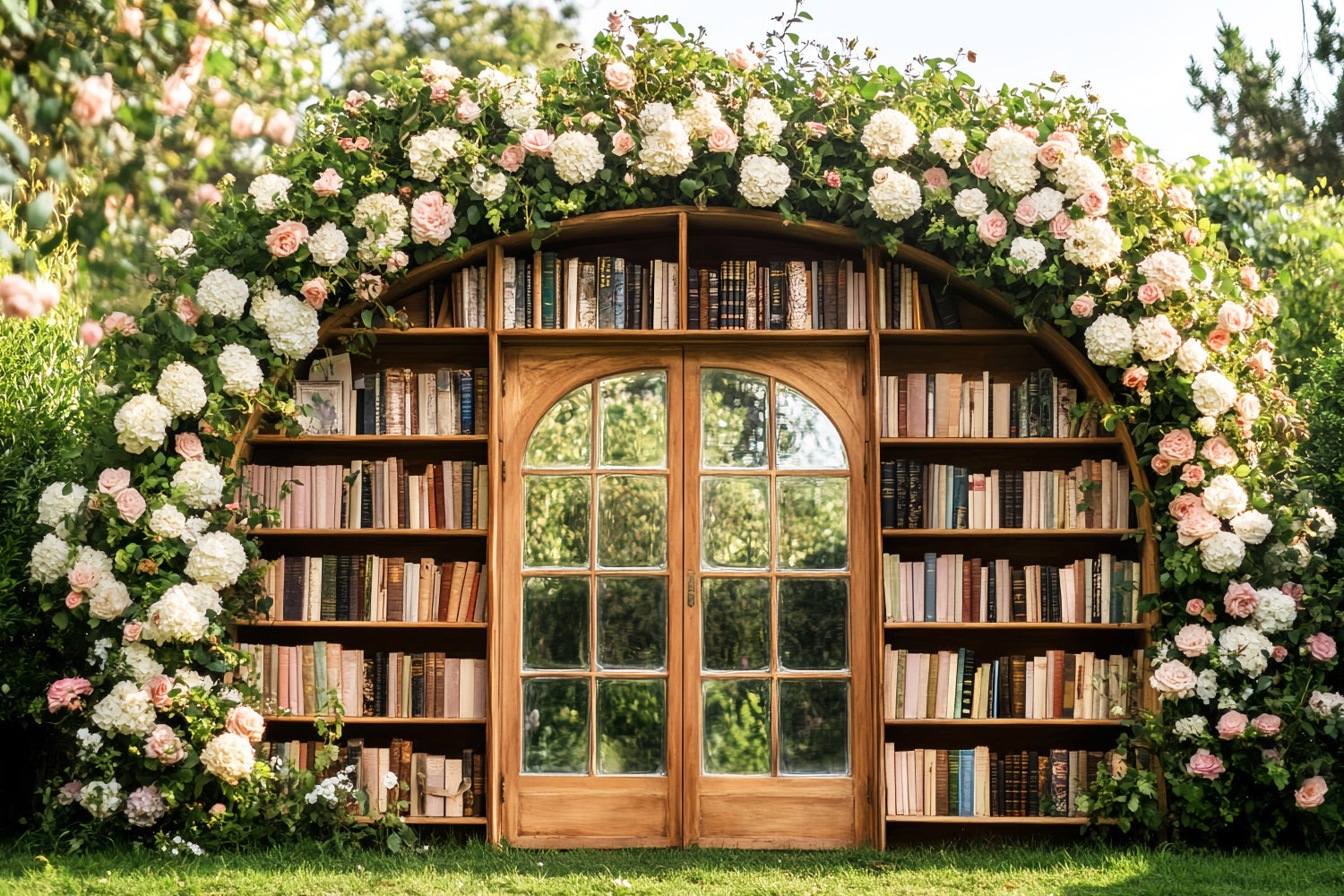 Back To School Backdrops Floral Archway Outdoor Bookshelf School Picture Backdrops UK LXX59-227