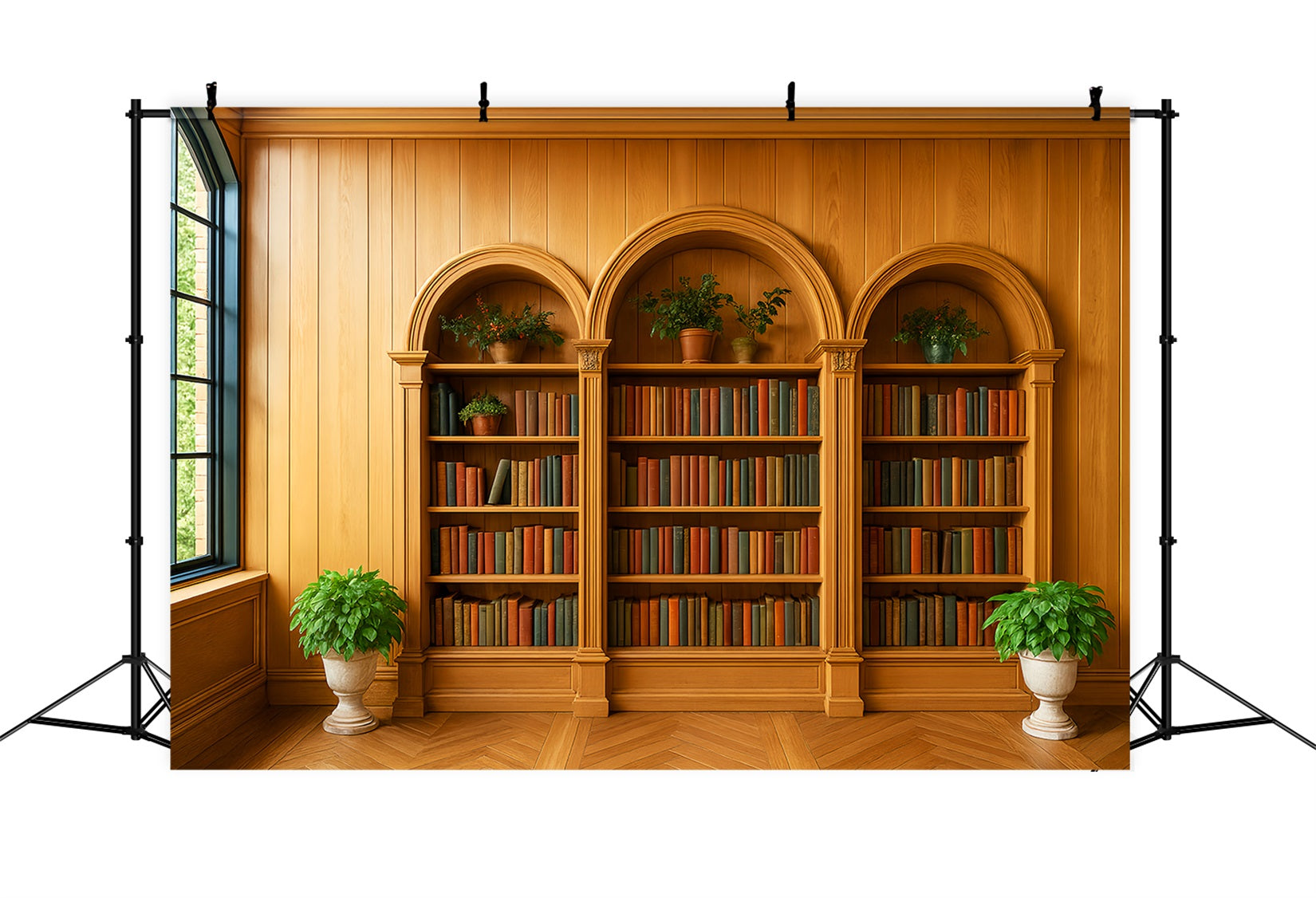 Back To School Backdrops Wooden Bookshelf Green Plants School Picture Backdrop UK LXX59-231