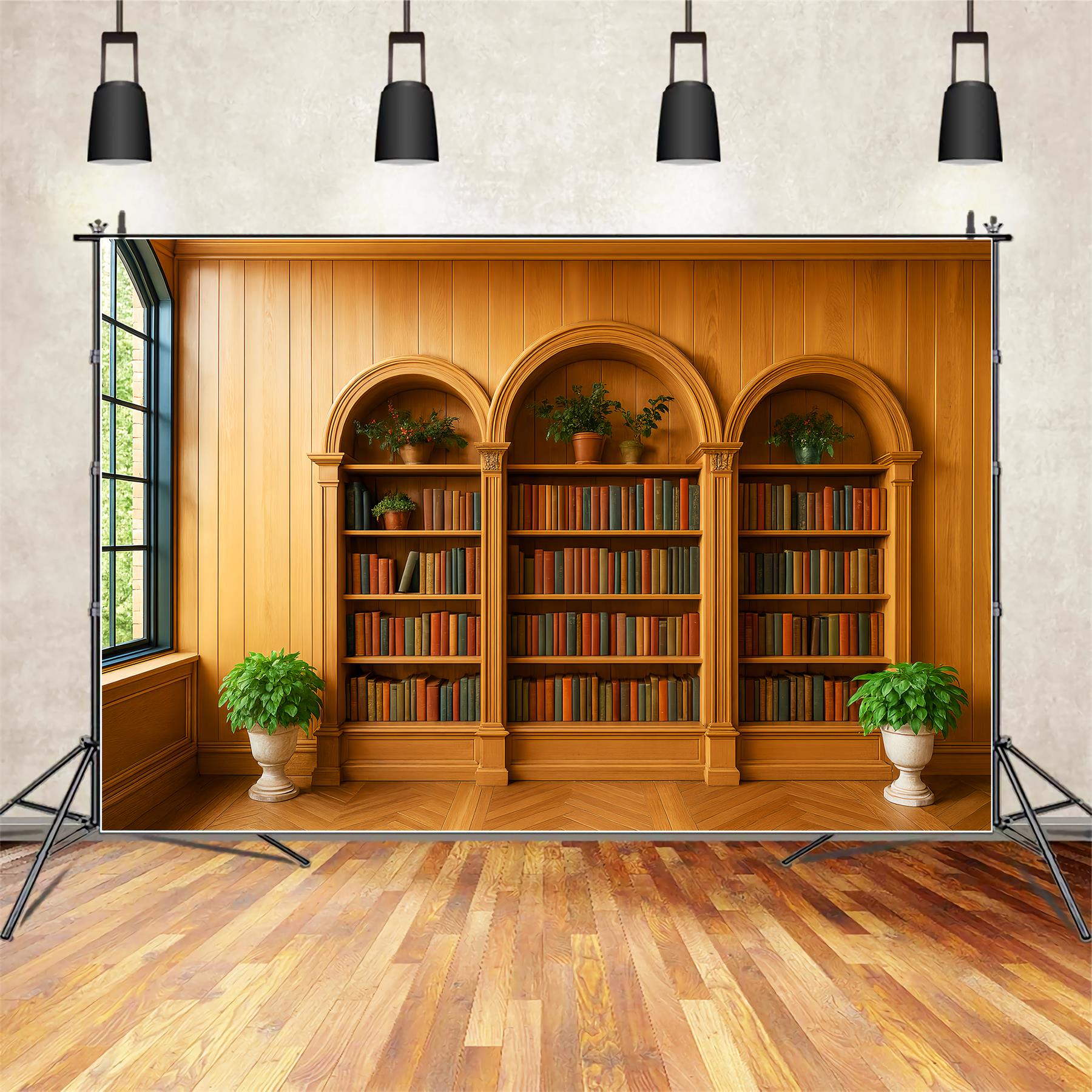 Back To School Backdrops Wooden Bookshelf Green Plants School Picture Backdrop UK LXX59-231