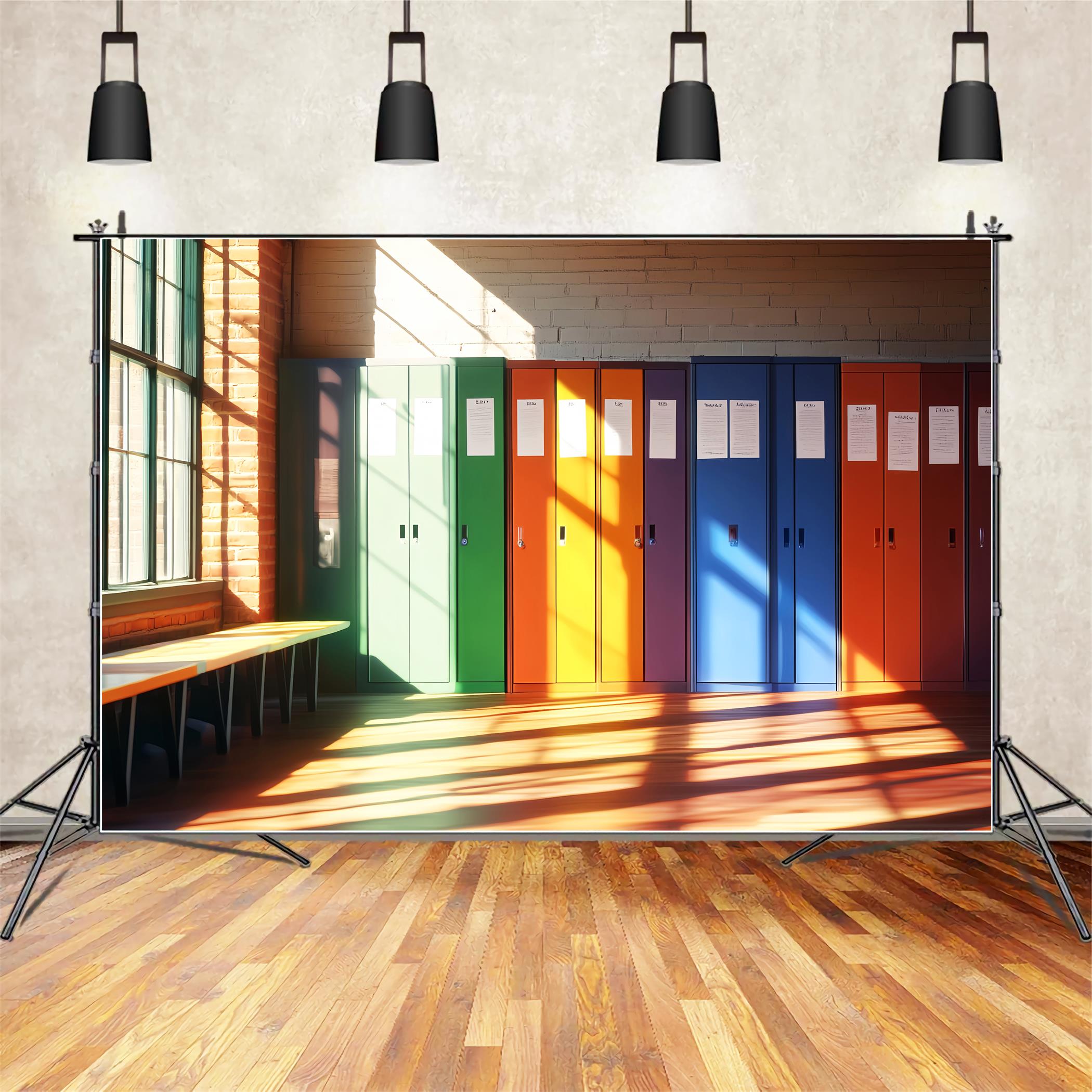 School Hallway Backdrop Rainbow Color School Lockers School Locker Backdrop UK LXX59-234