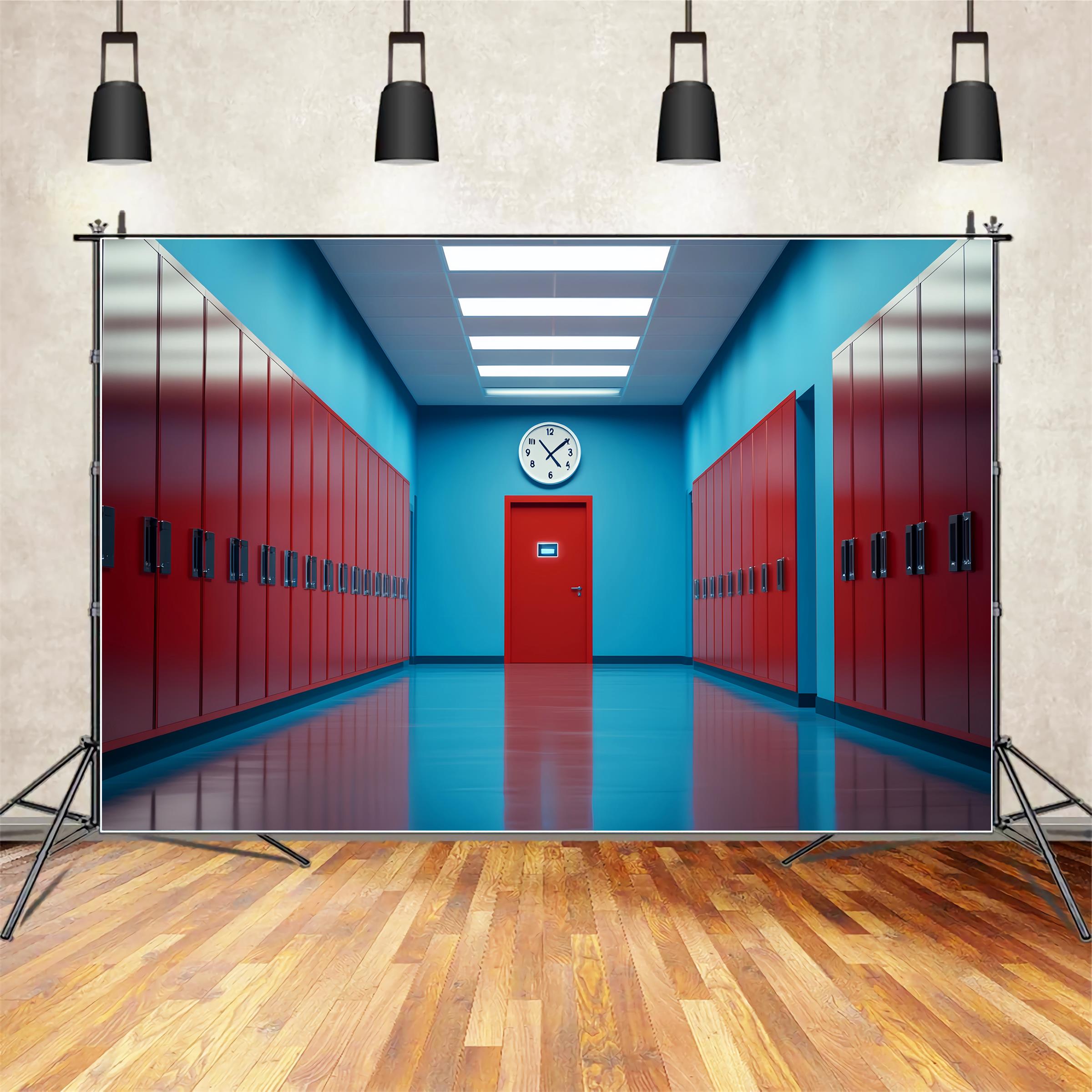 School Hallway Backdrop Red Blue Corridor Lockers School Locker Backdrop UK LXX59-236