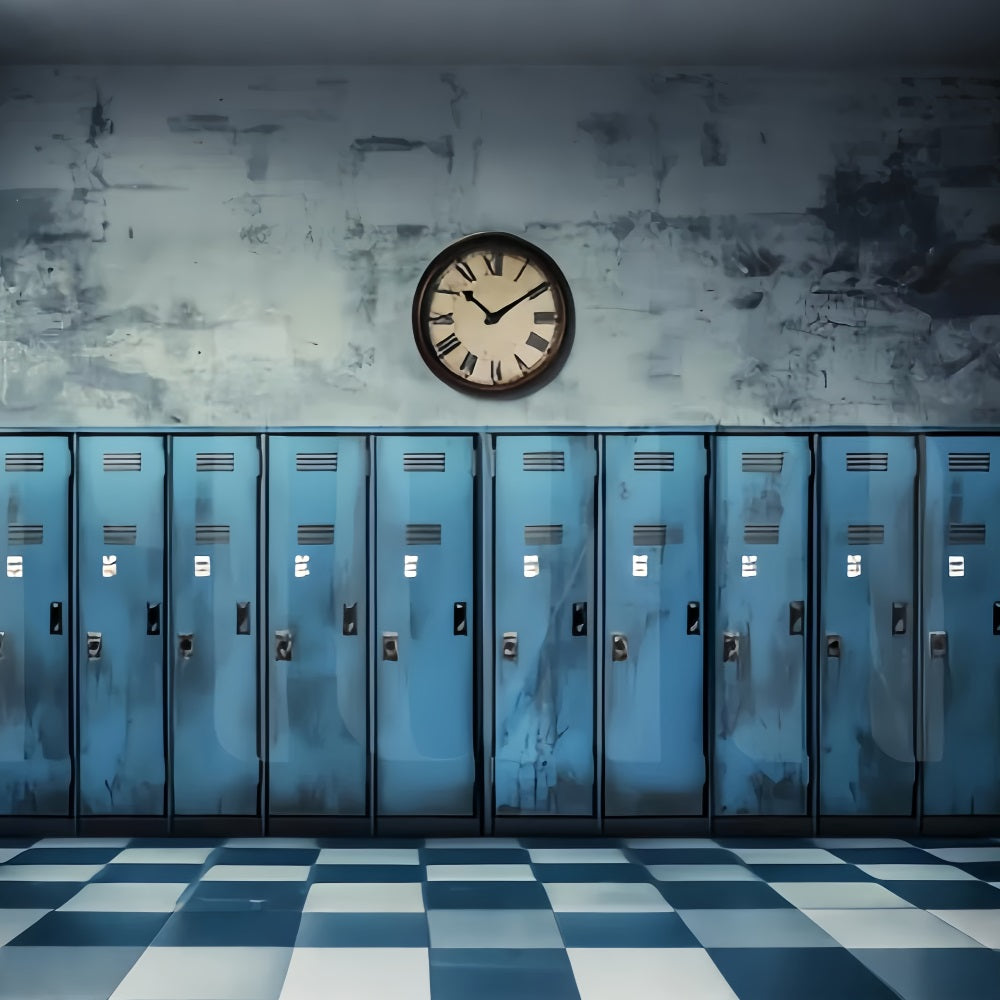 School Hallway Backdrop Vintage Blue Lockers Clock Back To School Backdrop Ideas UK LXX59-237
