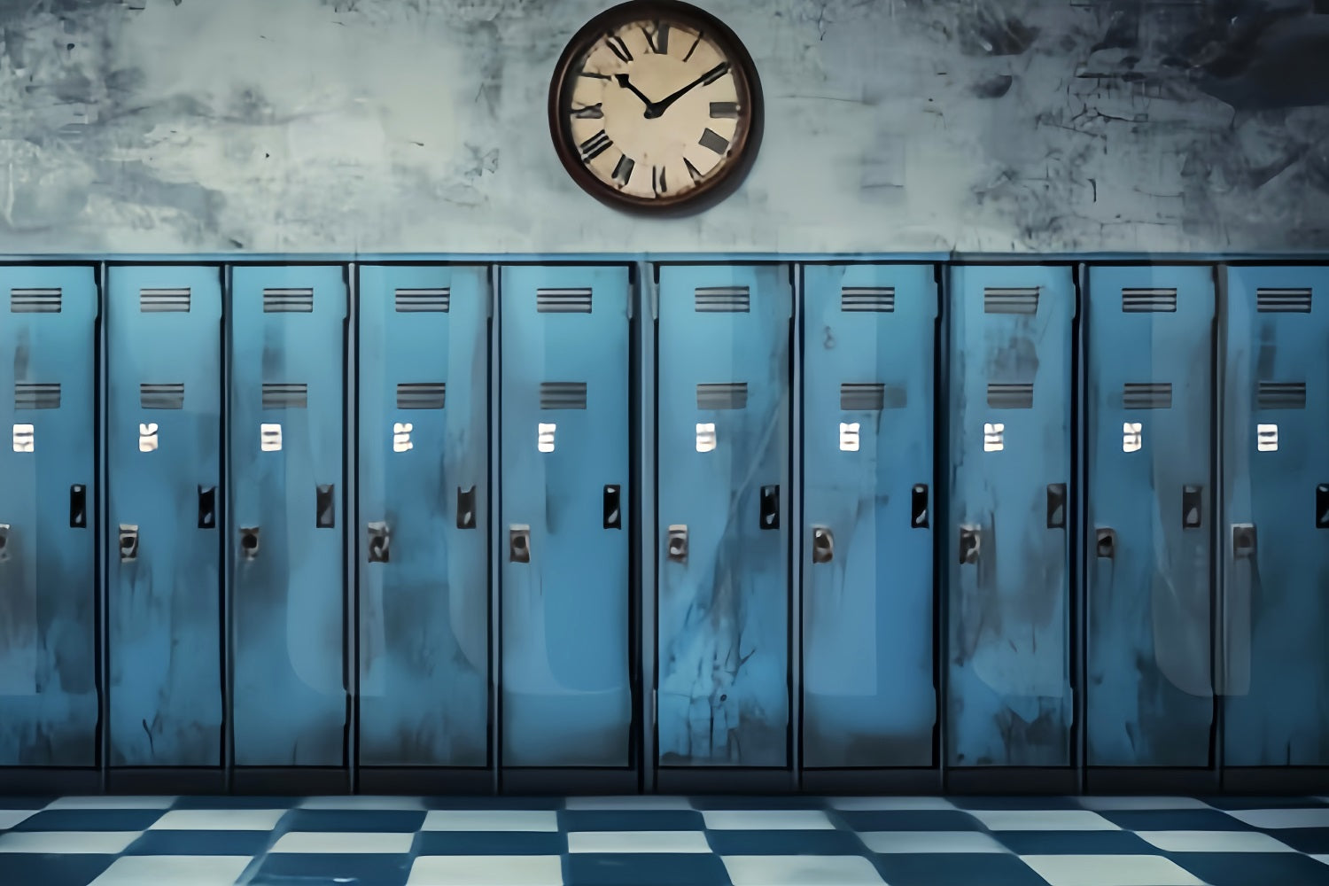 School Hallway Backdrop Vintage Blue Lockers Clock Back To School Backdrop Ideas UK LXX59-237