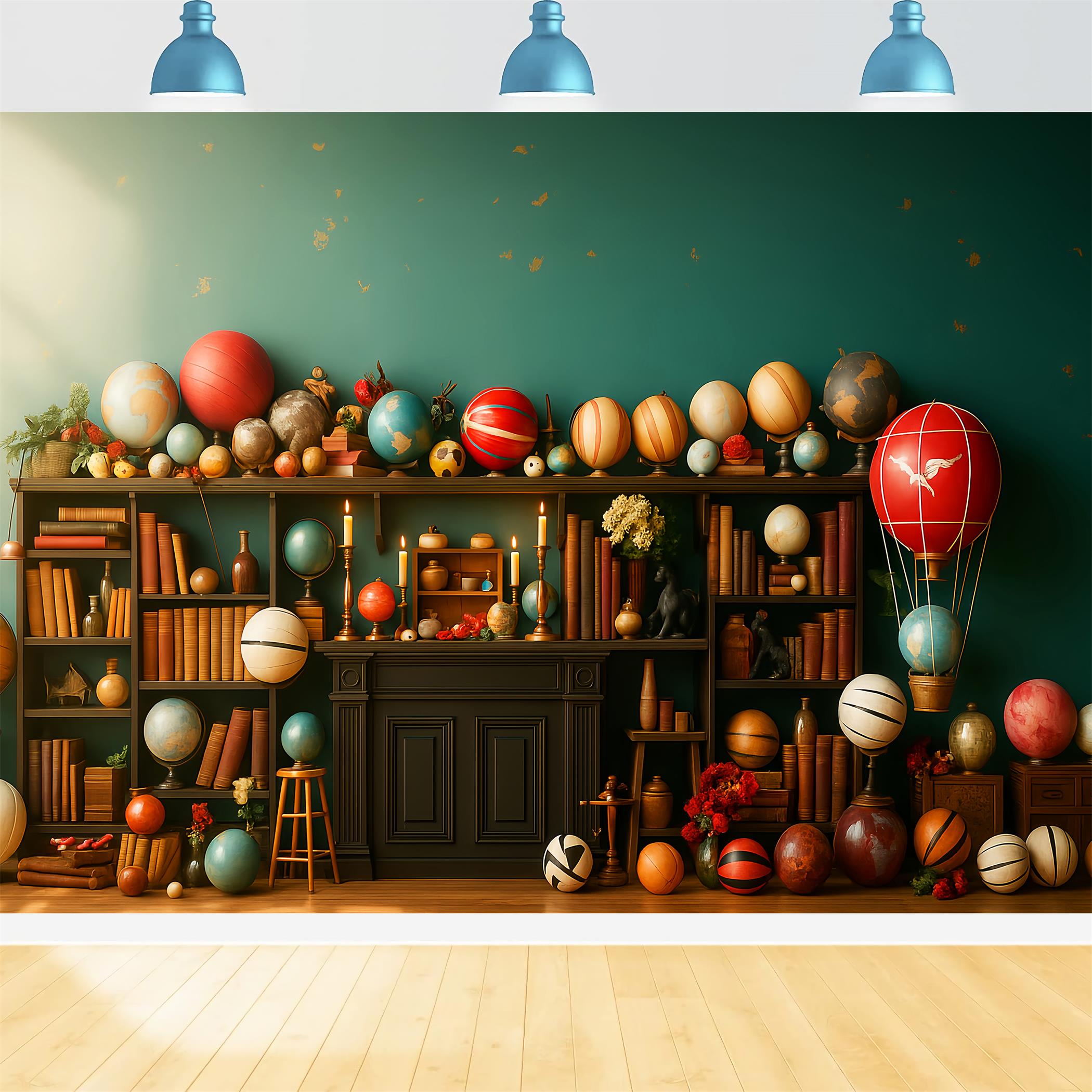 Back To School Backdrop Whimsical Globe Bookshelf Display School Picture Backdrop UK LXX59-240