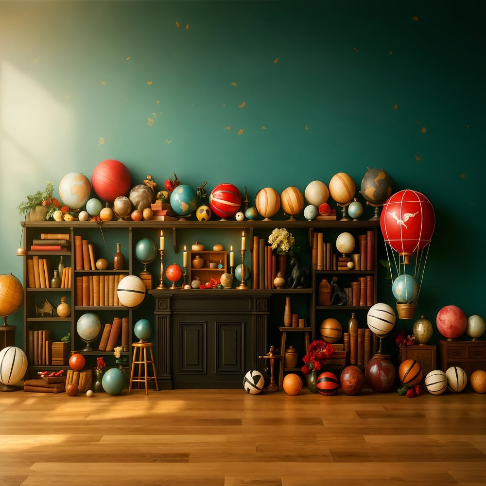 Back To School Backdrop Whimsical Globe Bookshelf Display School Picture Backdrop UK LXX59-240