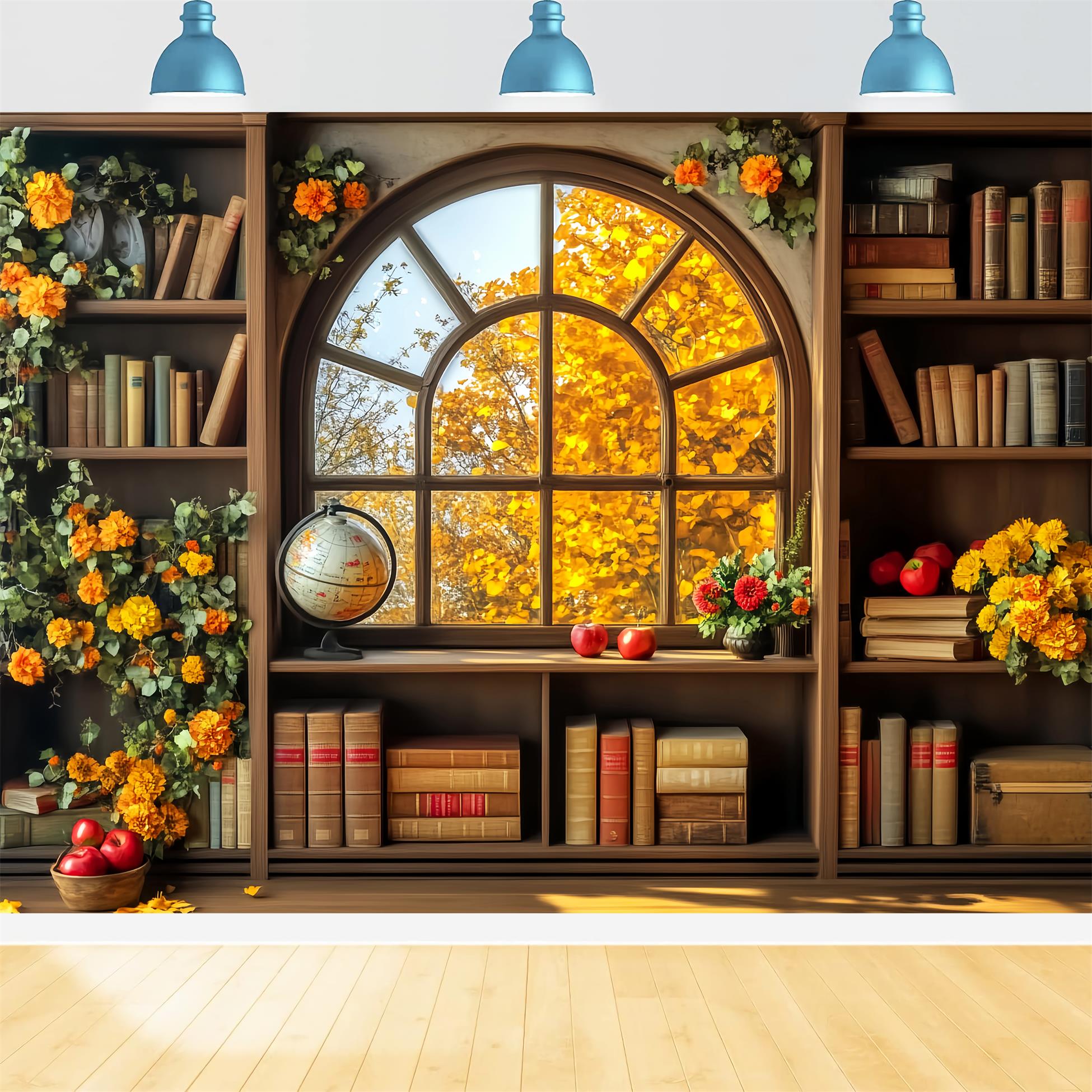 Back To School Backdrop Autumn Bookshelf Window View School Classroom Backdrop UK LXX59-241