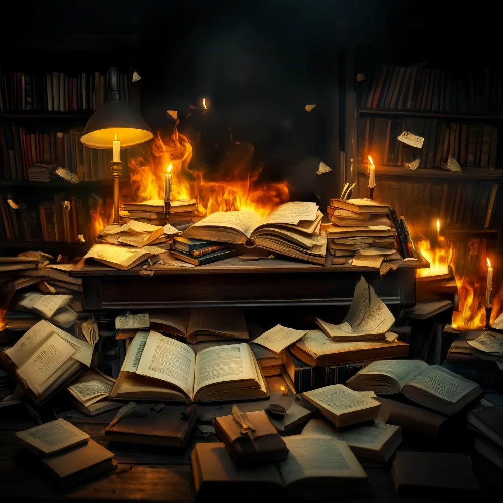 Back To School Backdrop Burning Books Chaotic Desk School Picture Backdrop UK LXX59-244