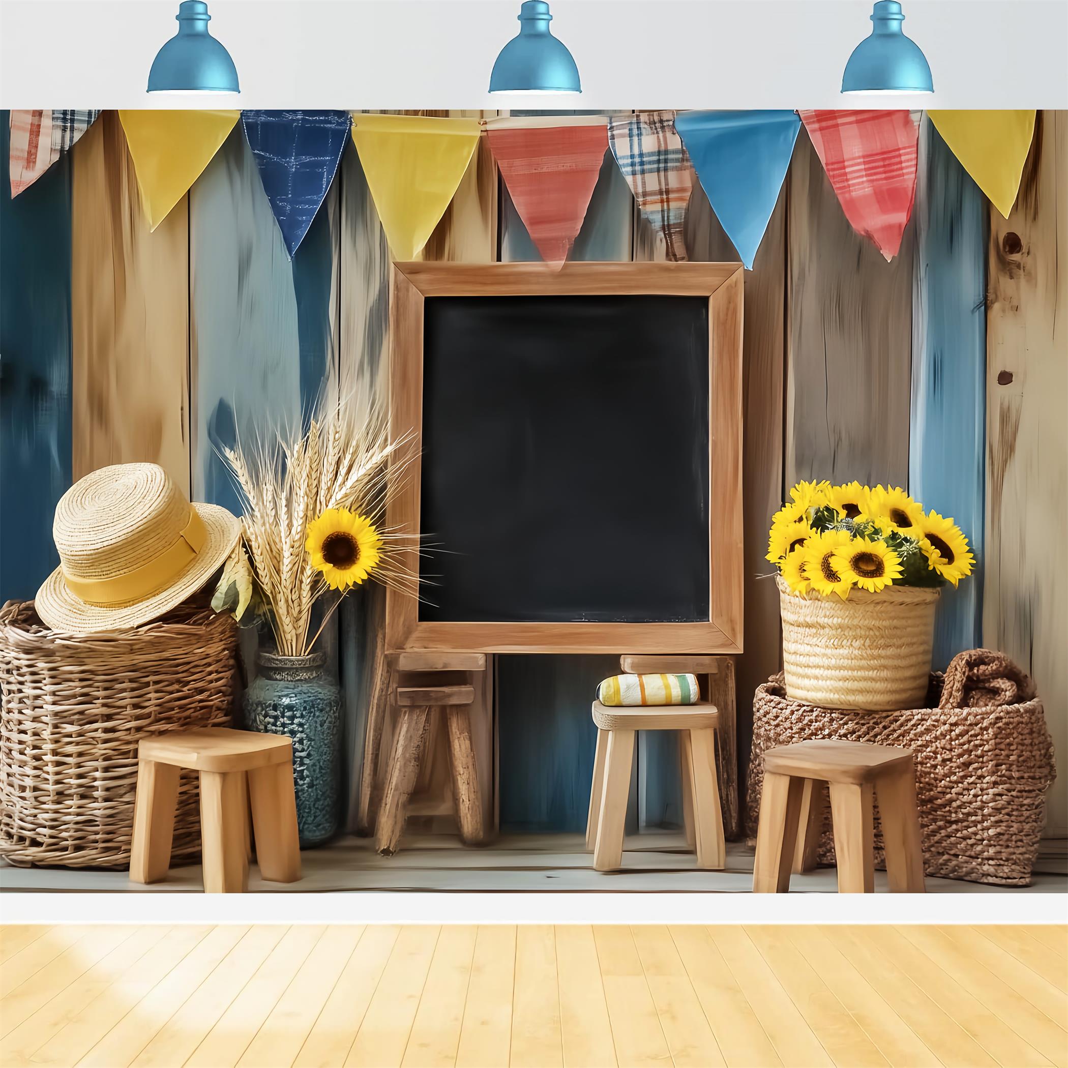 Back To School Backdrop Rustic Blackboard Sunflowers Decor School Picture Backdrop UK LXX59-246
