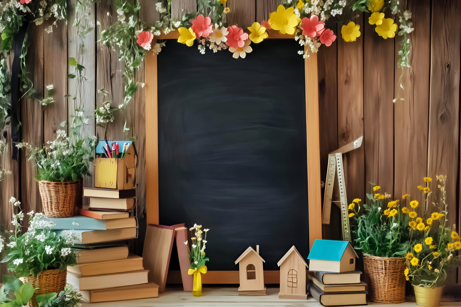 Back To School Backdrop Floral Blackboard Books Display Back To School Photo Backdrops UK LXX59-248