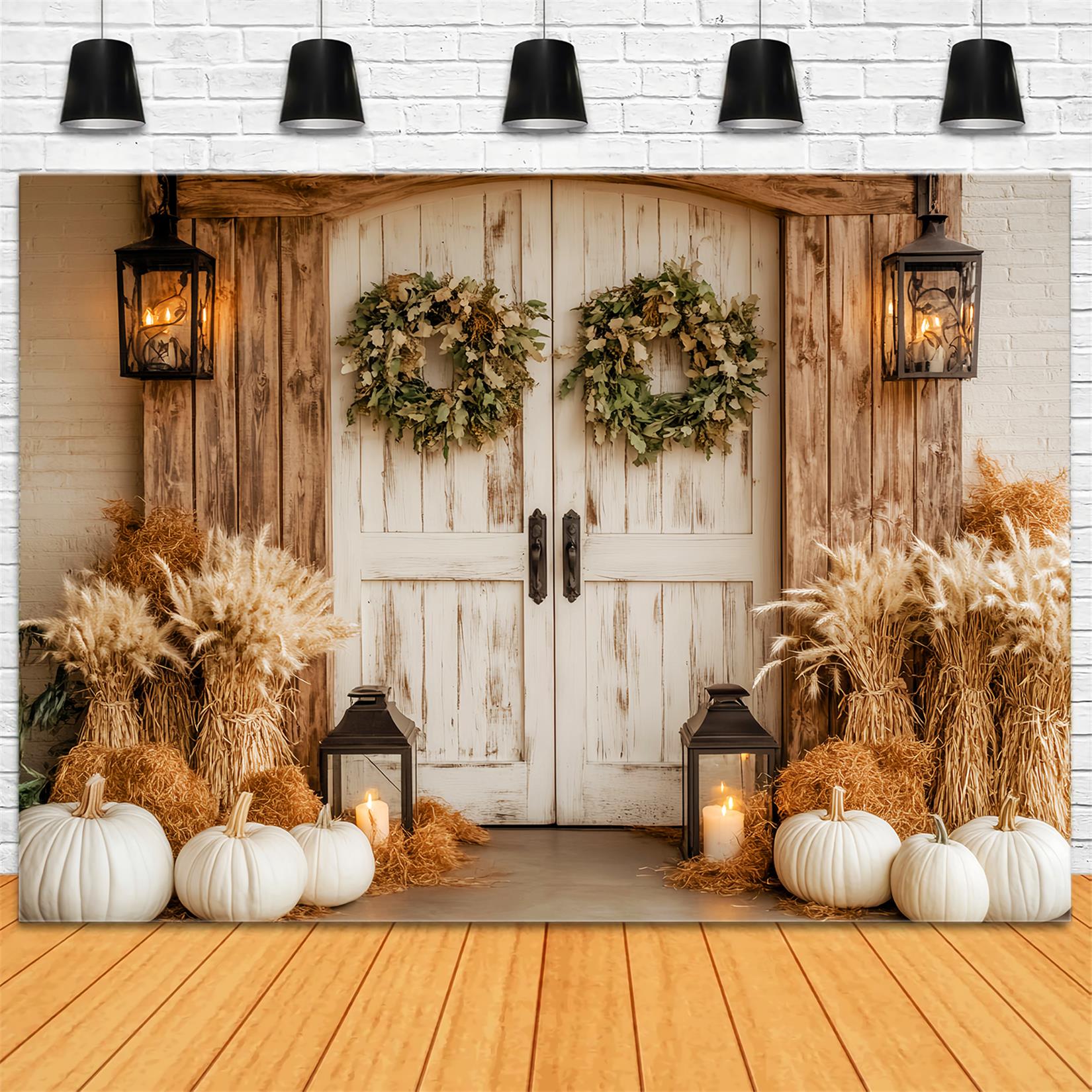 Barn Door Backdrop Rustic White Pumpkins Lanterns Fall Backdrop UK LXX59-259