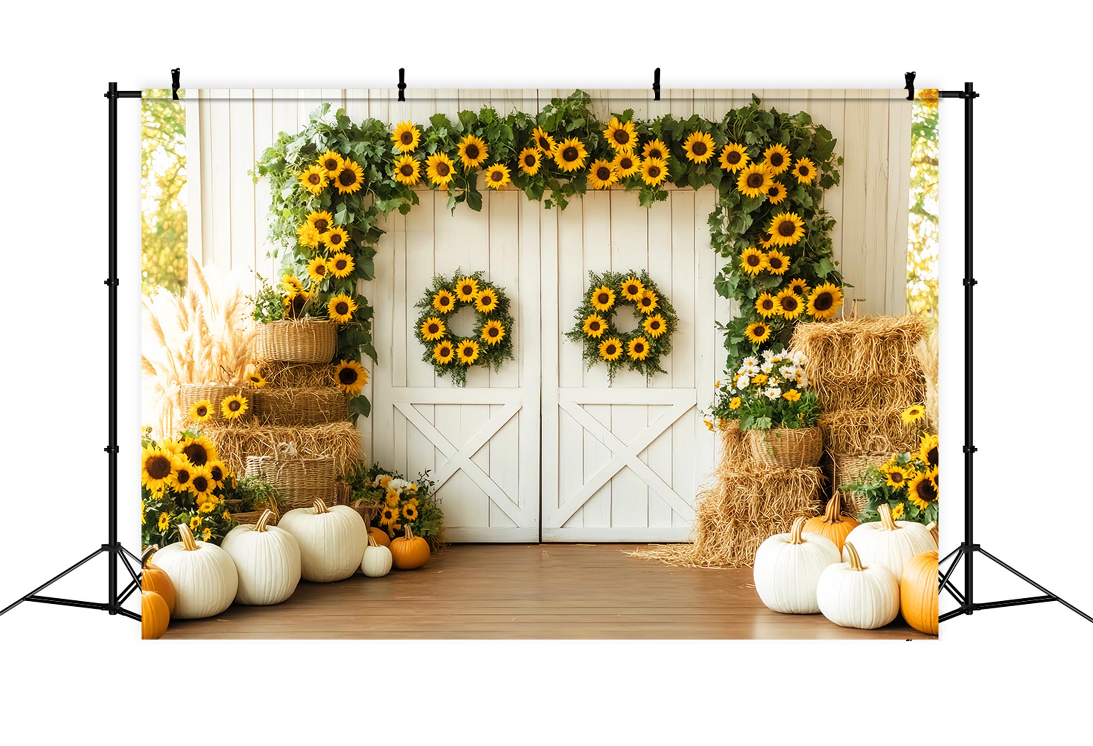 Barn Door Backdrop Sunflower Pumpkin Harvest Fall Photography Backdrops UK LXX59-262