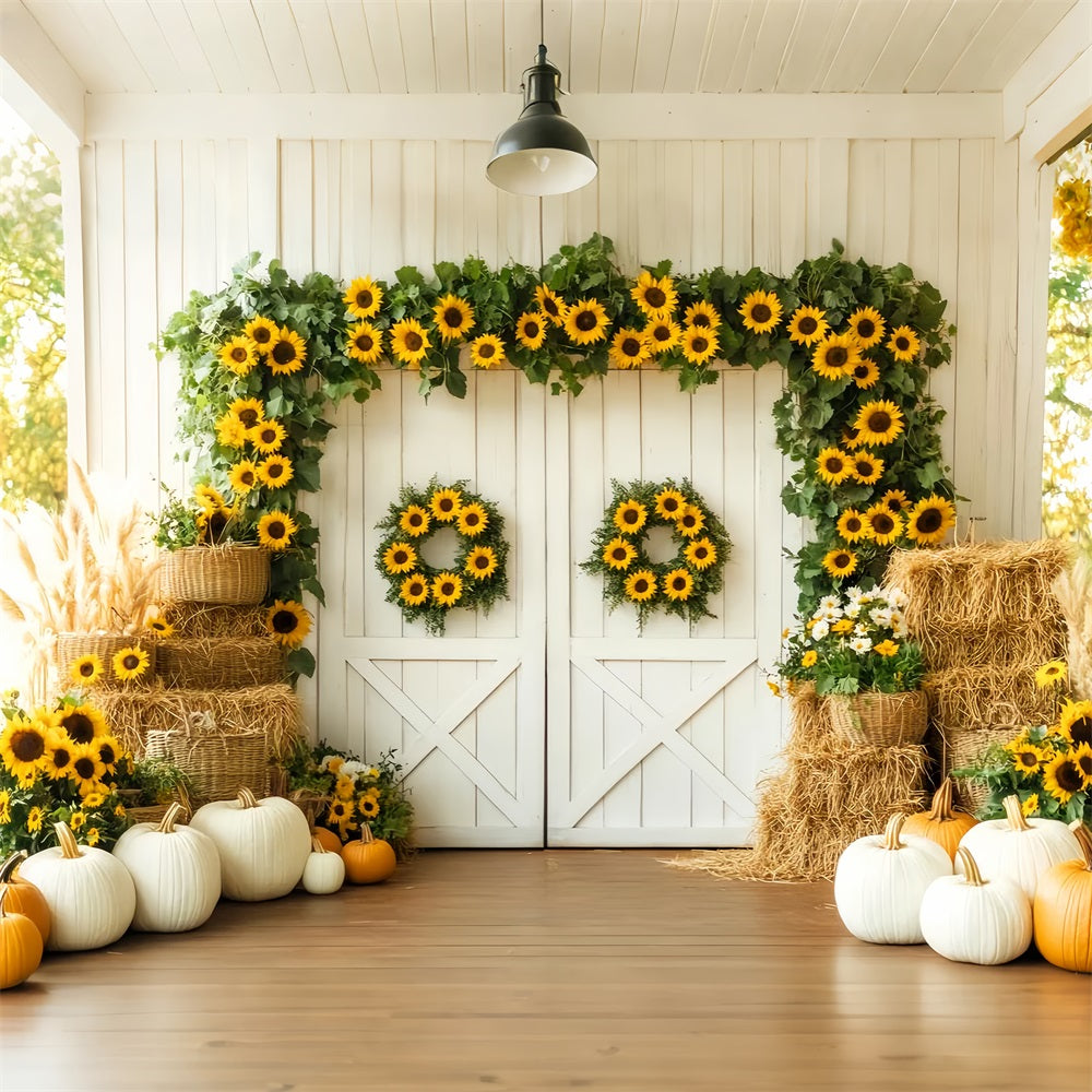 Barn Door Backdrop Sunflower Pumpkin Harvest Fall Photography Backdrops UK LXX59-262