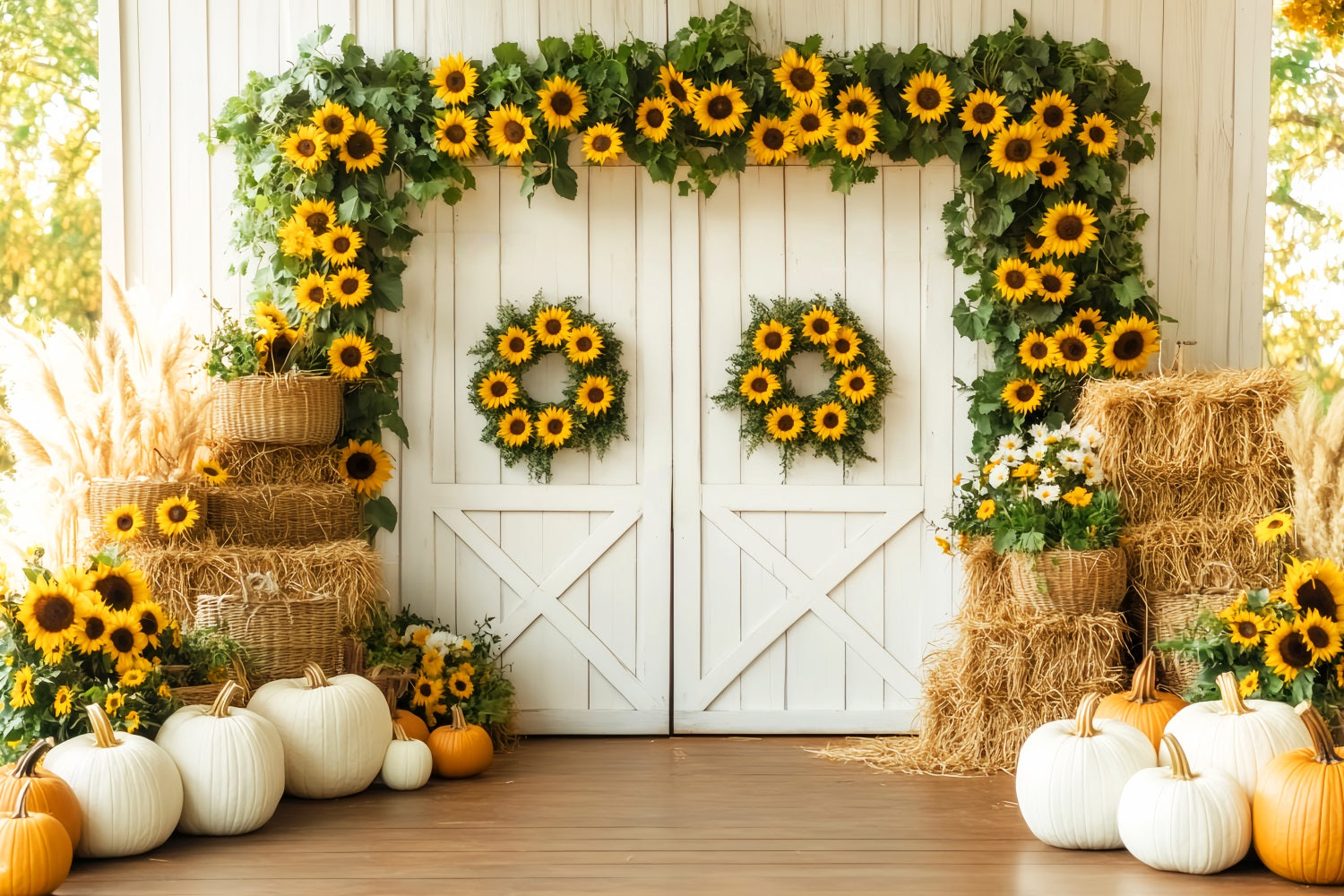 Barn Door Backdrop Sunflower Pumpkin Harvest Fall Photography Backdrops UK LXX59-262