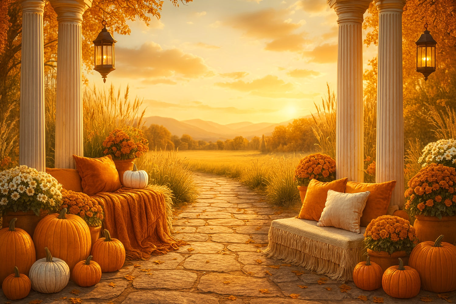 Rustic Backdrop Golden Autumn Sunset Porch Fall Backdrops for Photography UK LXX59-276