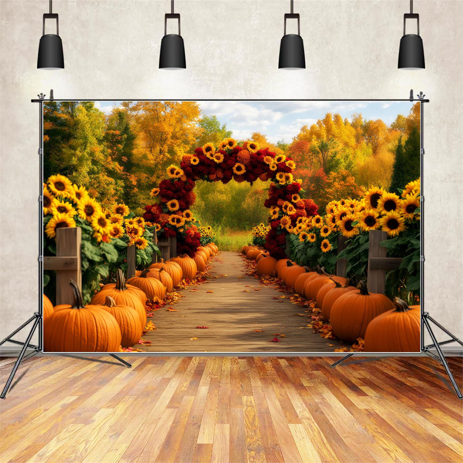 Sunflower Backdrop Sunflower Path Pumpkins Autumn Backdrop UK LXX59-284