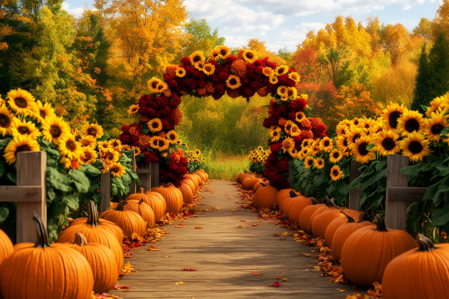 Sunflower Backdrop Sunflower Path Pumpkins Autumn Backdrop UK LXX59-284