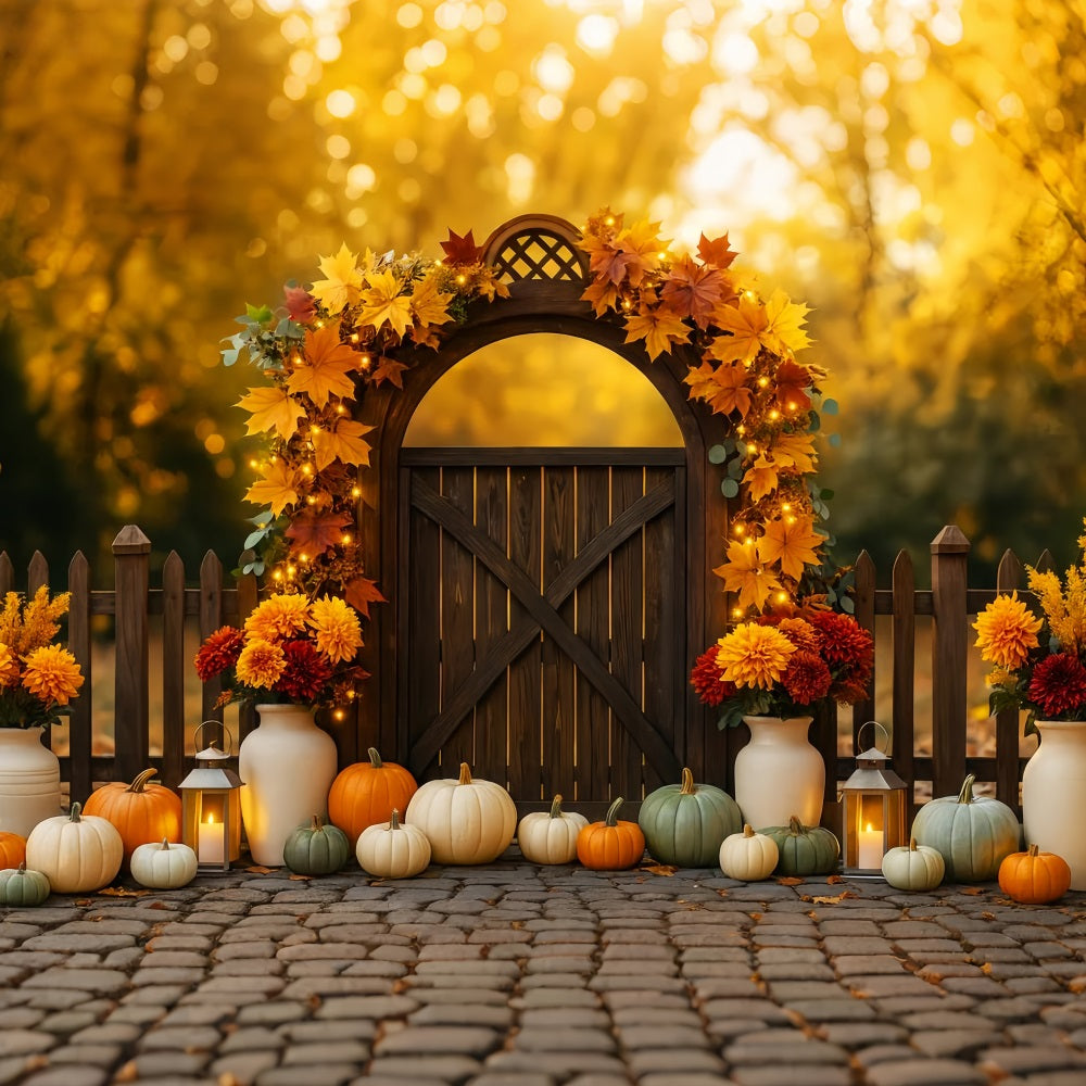 Fall Outdoor Backdrop Autumn Gate Pumpkins Lights Fall Backdrops UK LXX59-287