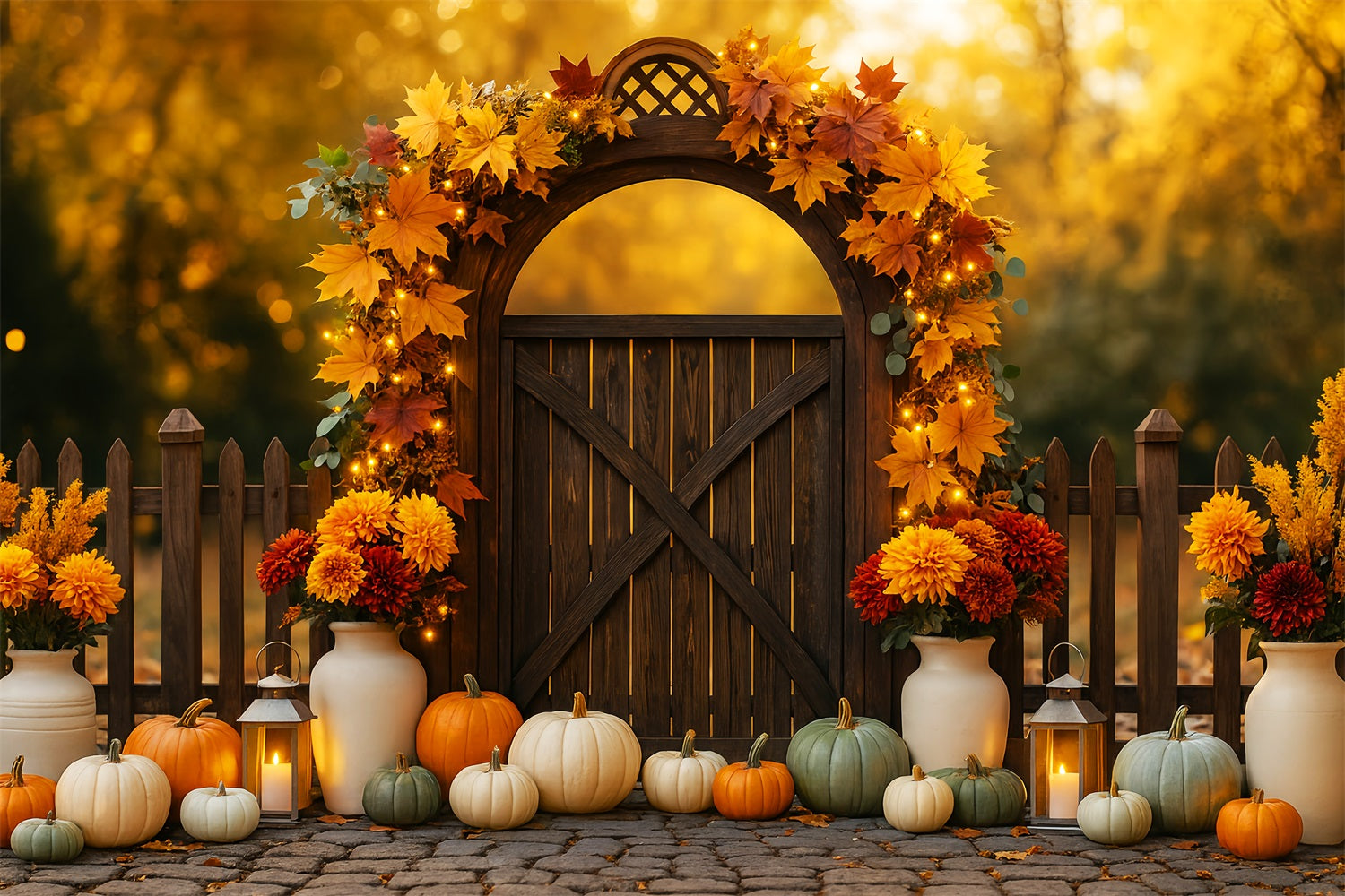 Fall Outdoor Backdrop Autumn Gate Pumpkins Lights Fall Backdrops UK LXX59-287