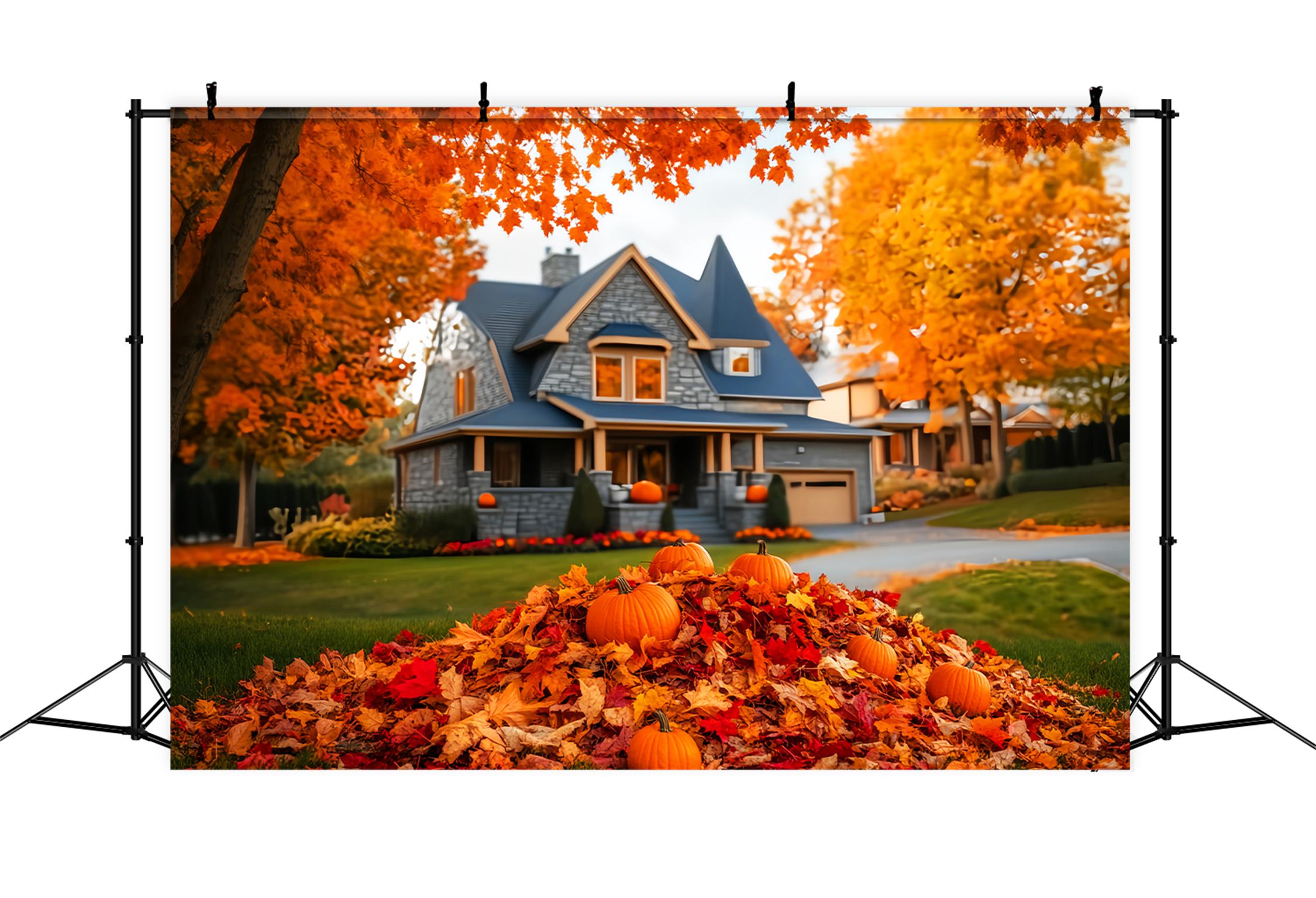 Fall Outdoor Backdrop Autumn House Pumpkin Pile Fall Leaves Backdrop UK LXX59-288