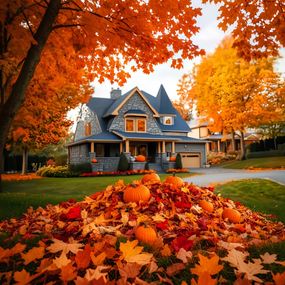 Fall Outdoor Backdrop Autumn House Pumpkin Pile Fall Leaves Backdrop UK LXX59-288