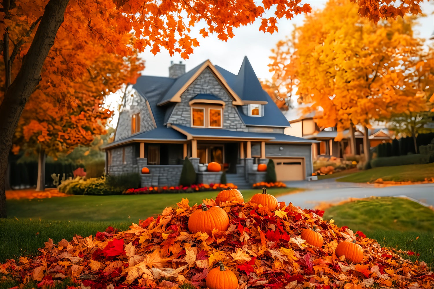 Fall Outdoor Backdrop Autumn House Pumpkin Pile Fall Leaves Backdrop UK LXX59-288
