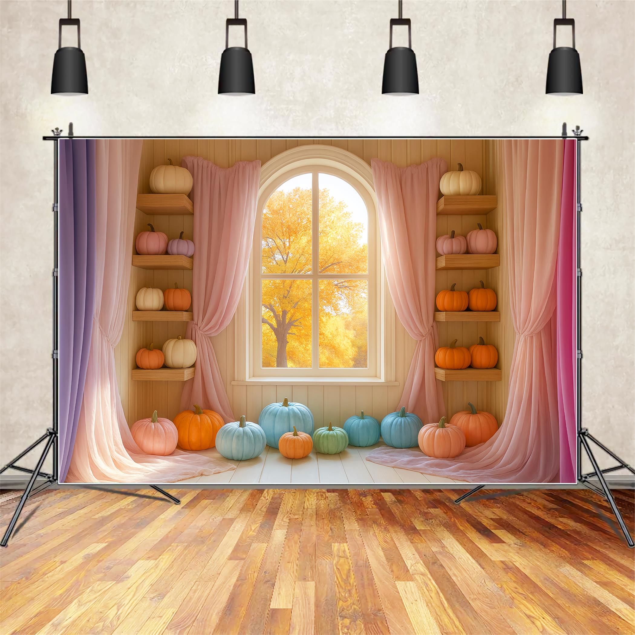 Pastel Backdrop Colorful Pumpkin Display Window Fall Backdrop UK LXX59-289