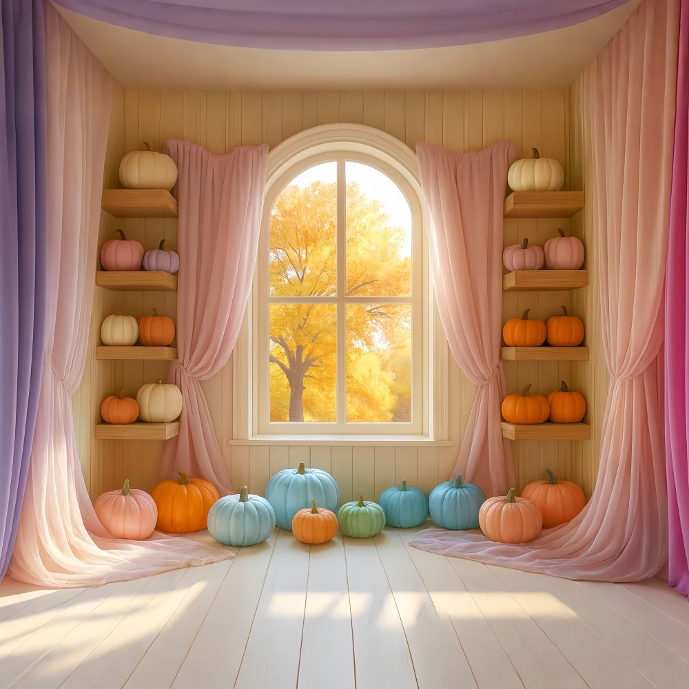 Pastel Backdrop Colorful Pumpkin Display Window Fall Backdrop UK LXX59-289